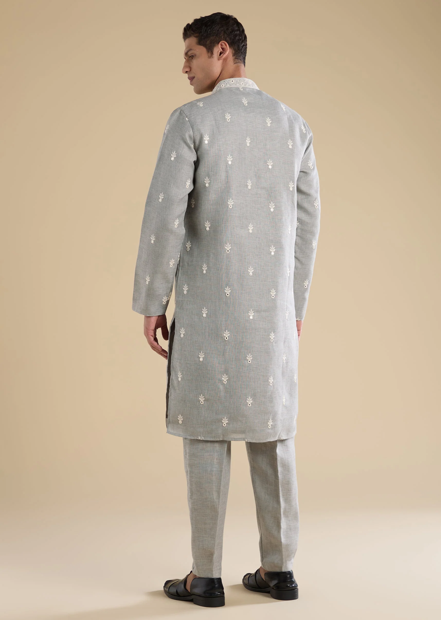 Grey Embroidered Kurta Set For Men - Image 5