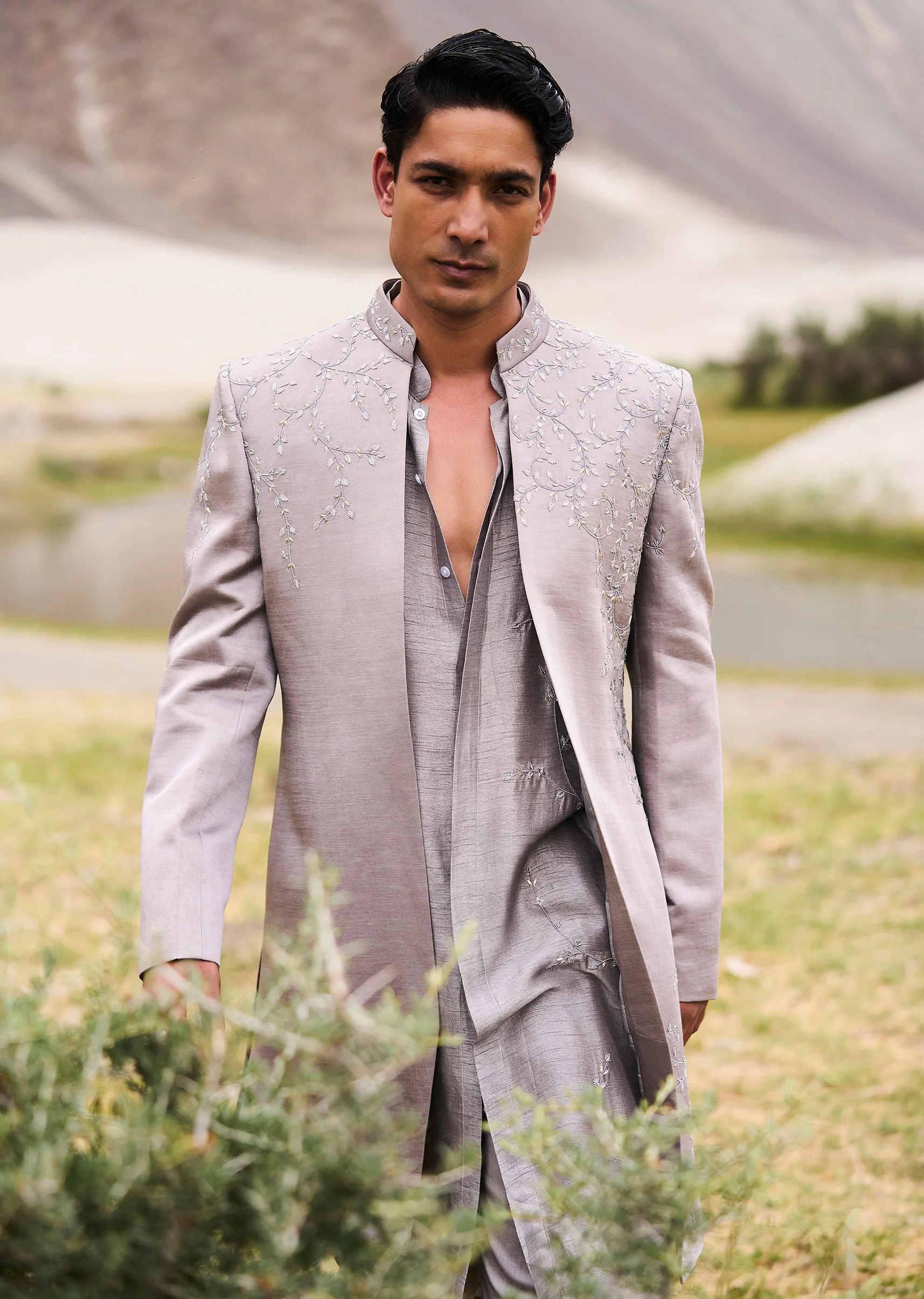 Grey Embroidered Linen Nawabi Suit - Image 2