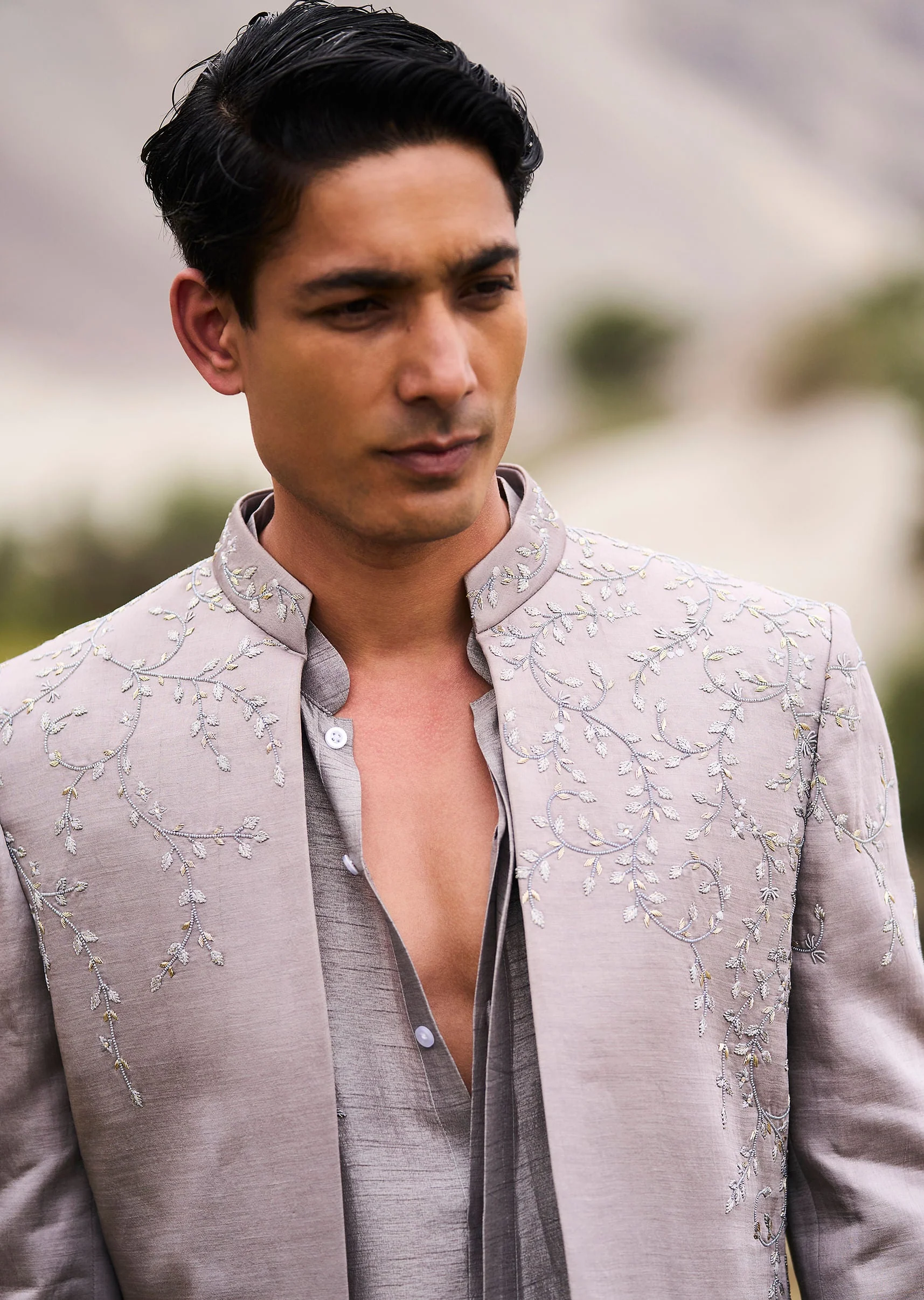 Grey Embroidered Linen Nawabi Suit - Image 3