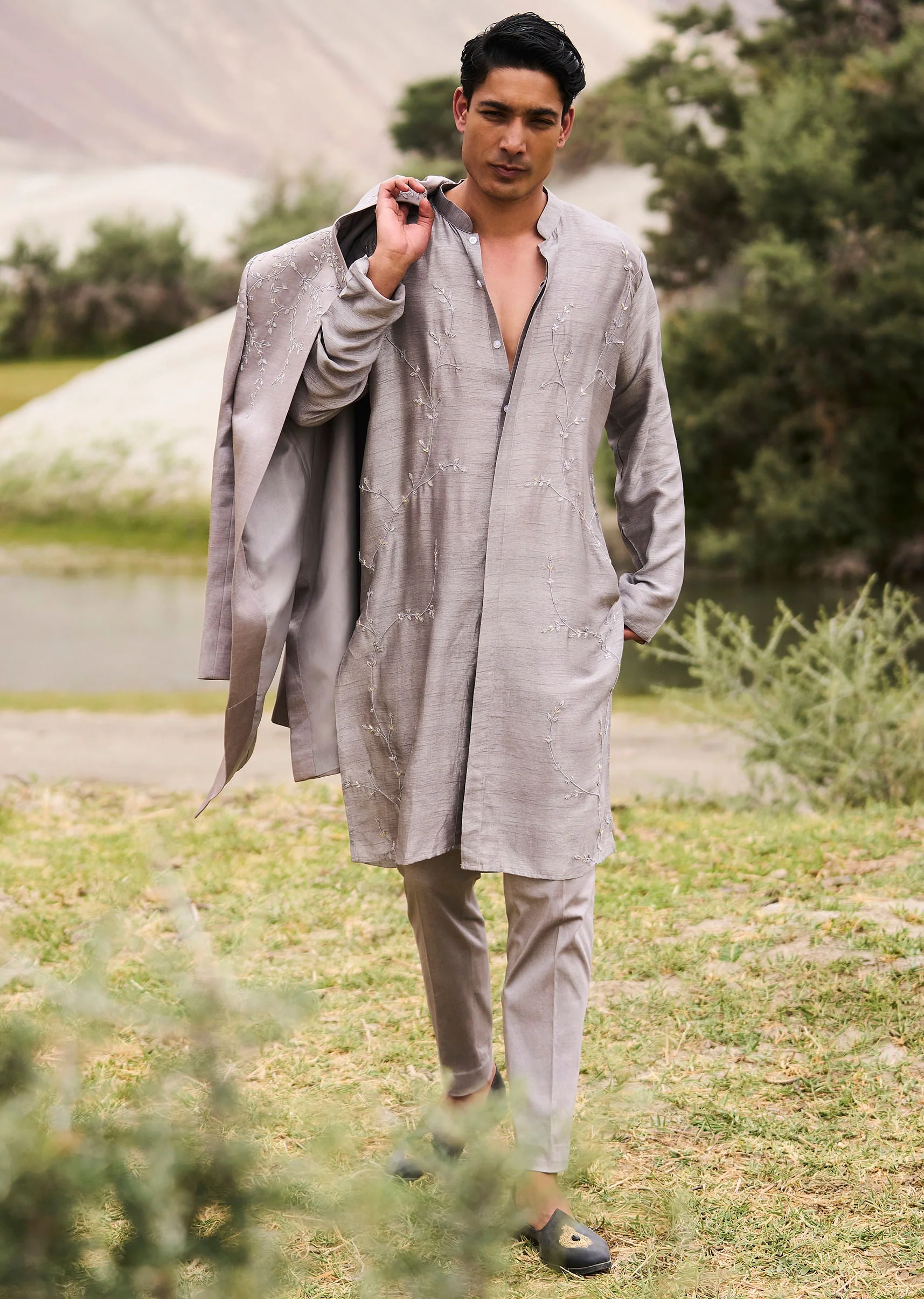 Grey Embroidered Linen Nawabi Suit - Image 4