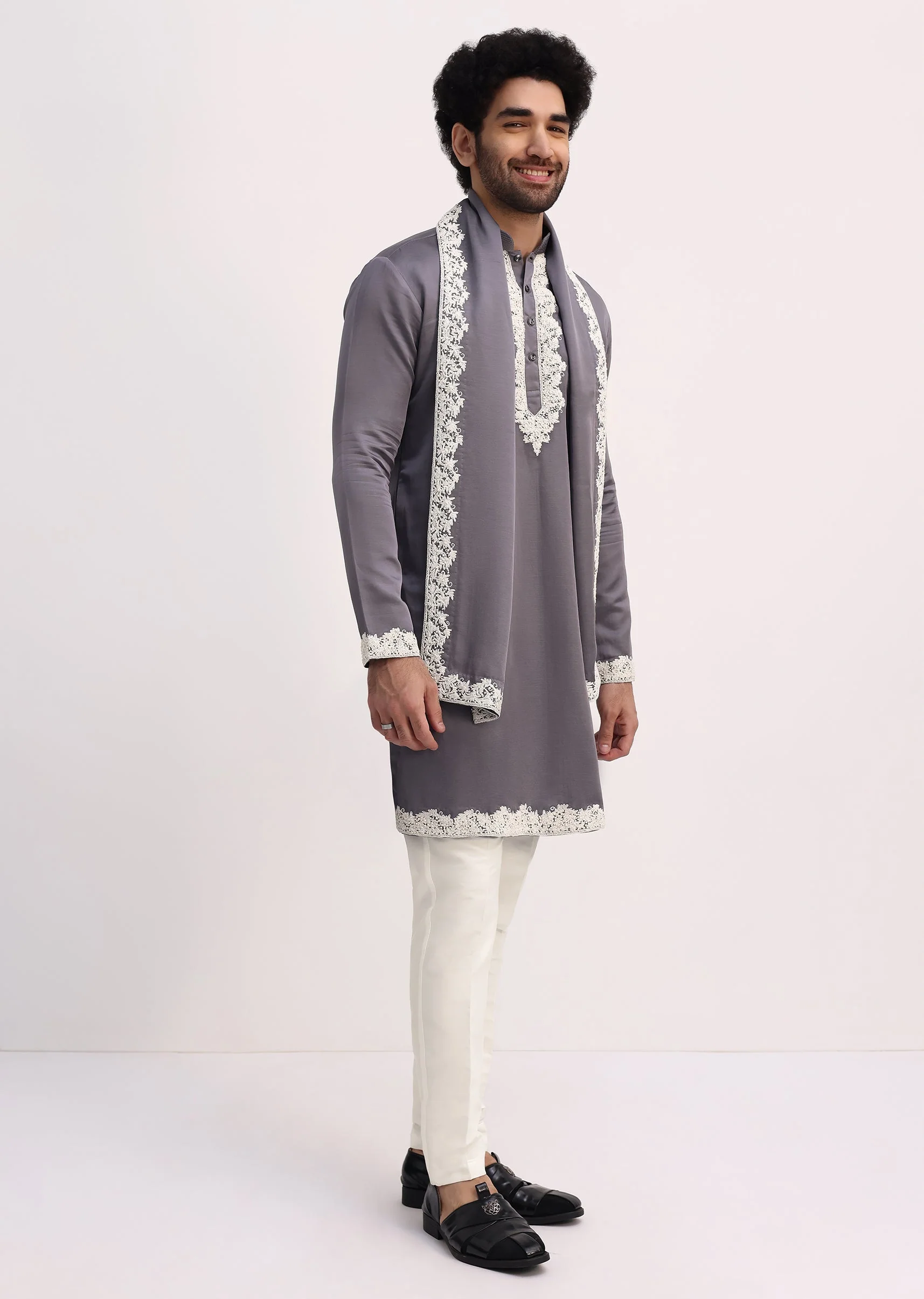 Grey Embroidered Men Kurta Set With Dupatta - Image 4