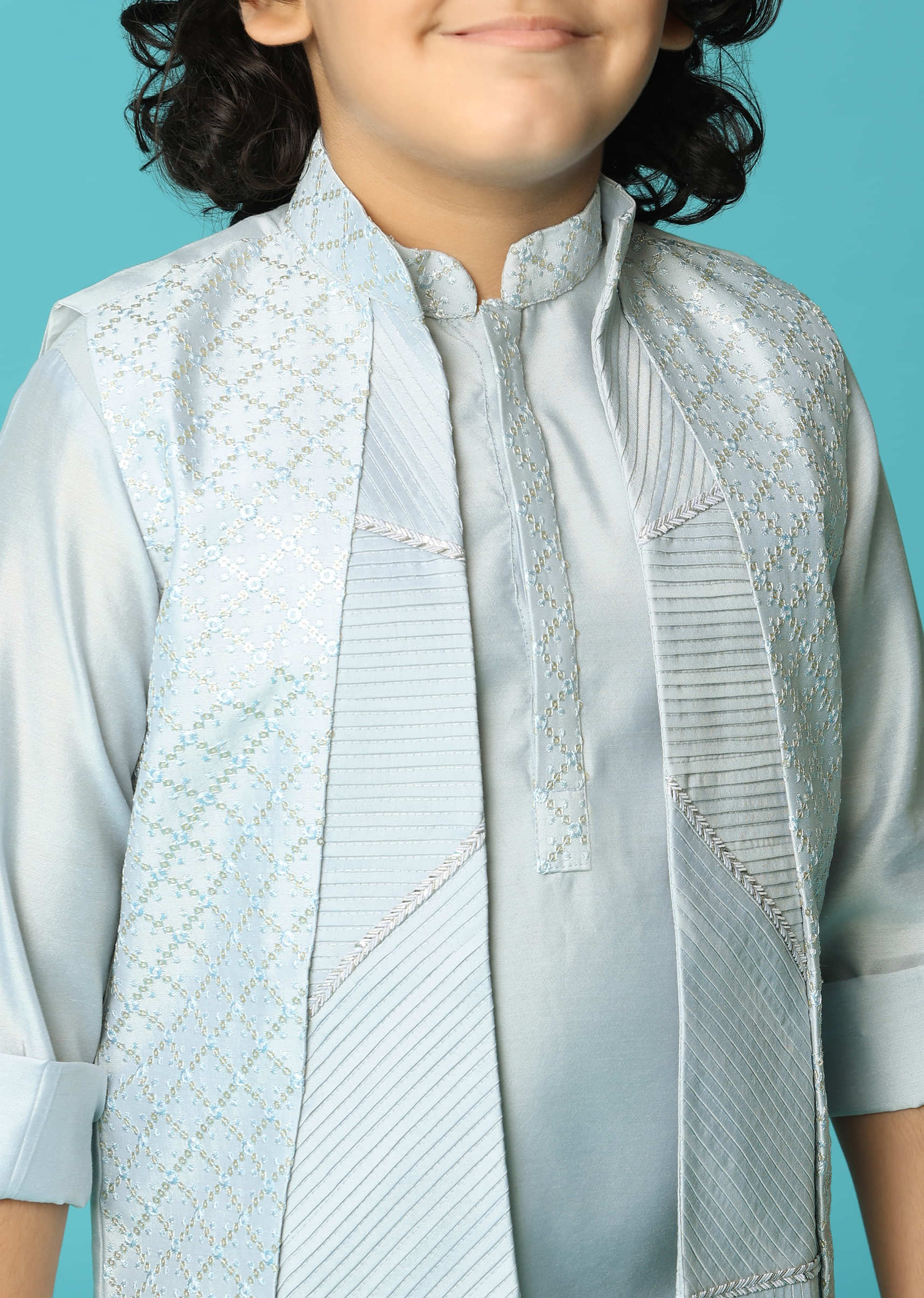 Grey Embroidered Silk Kurta Jacket Set For Boys - Image 2