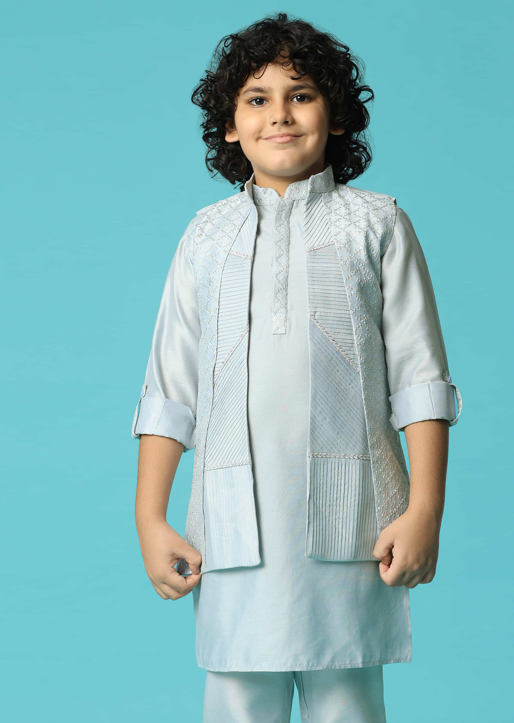 Grey Embroidered Silk Kurta Jacket Set For Boys - Image 4