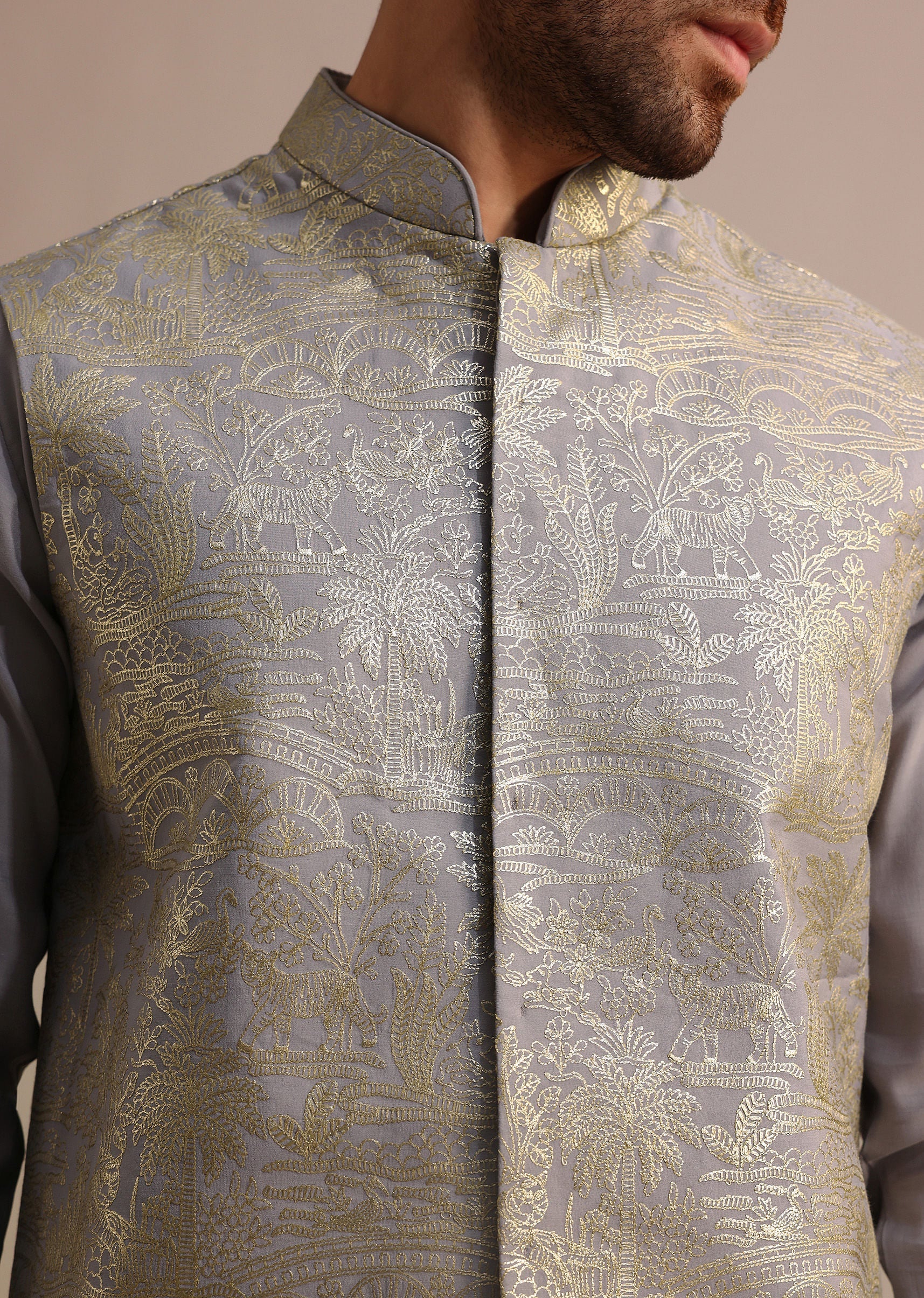Grey Embroidered Silk Kurta Jacket Set For Men - Image 2