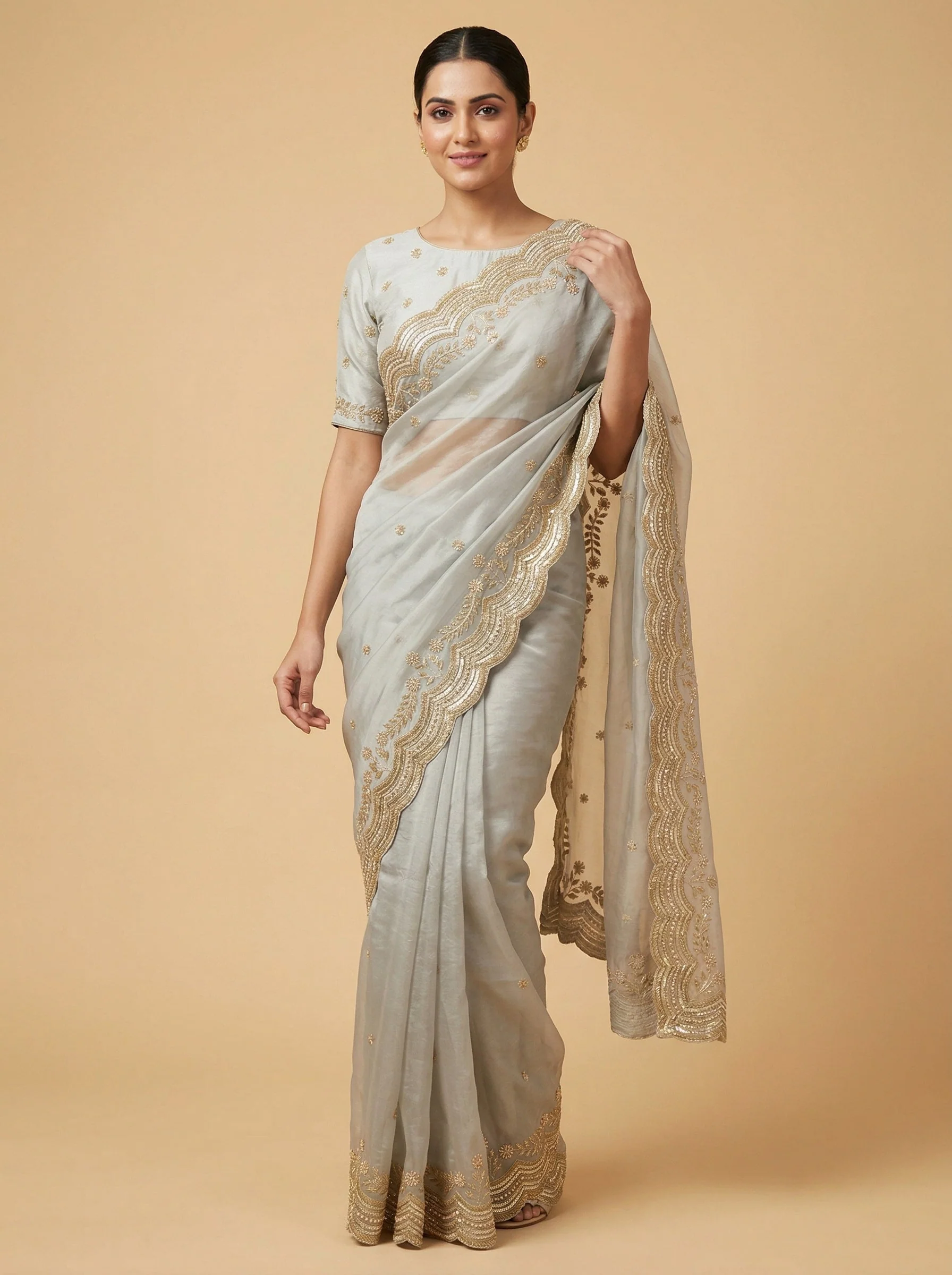 Grey Fine-Tuned Embroidered Saree