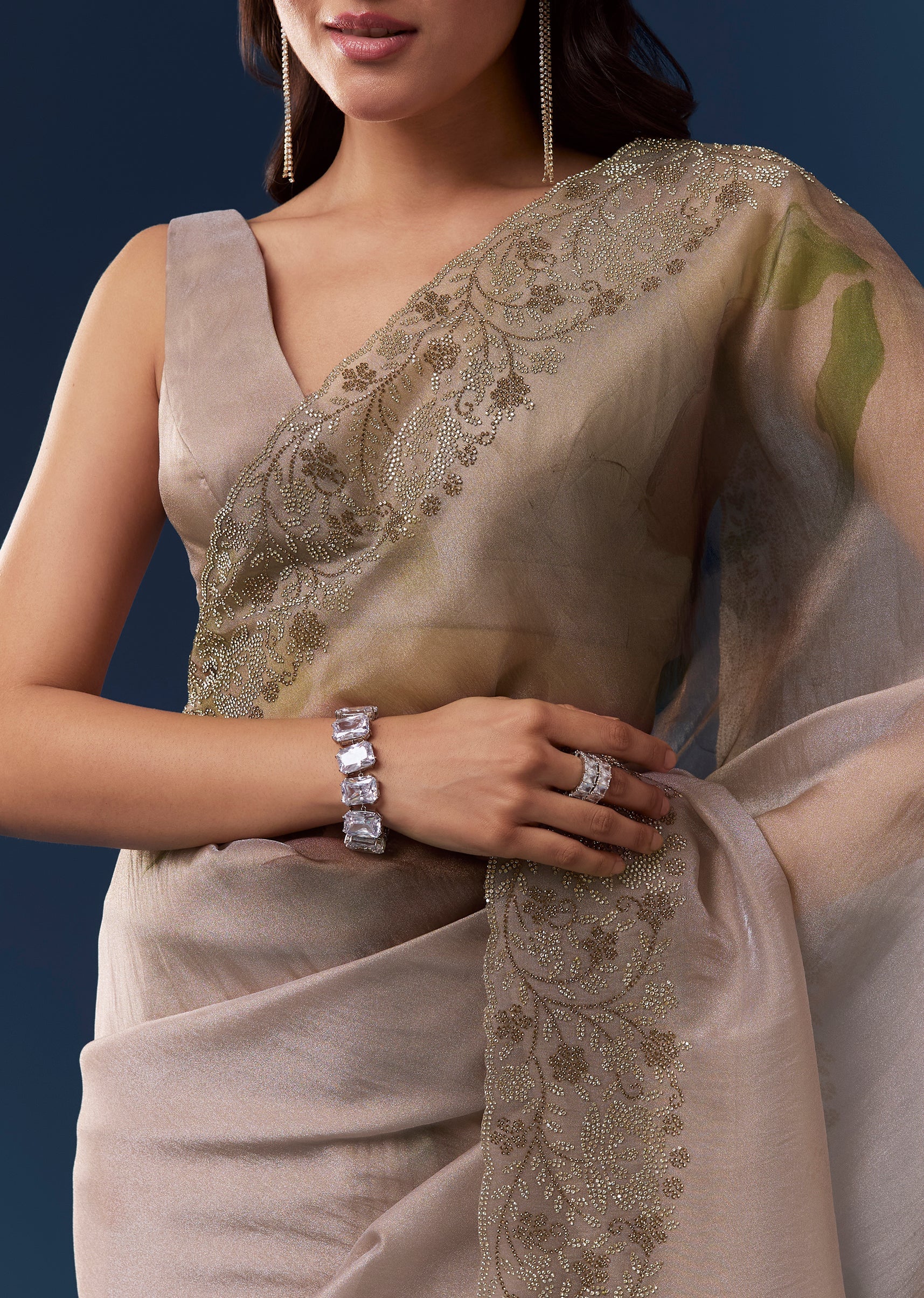 Grey Floral Printed Tissue Saree With Stone Embellished Border - Image 2