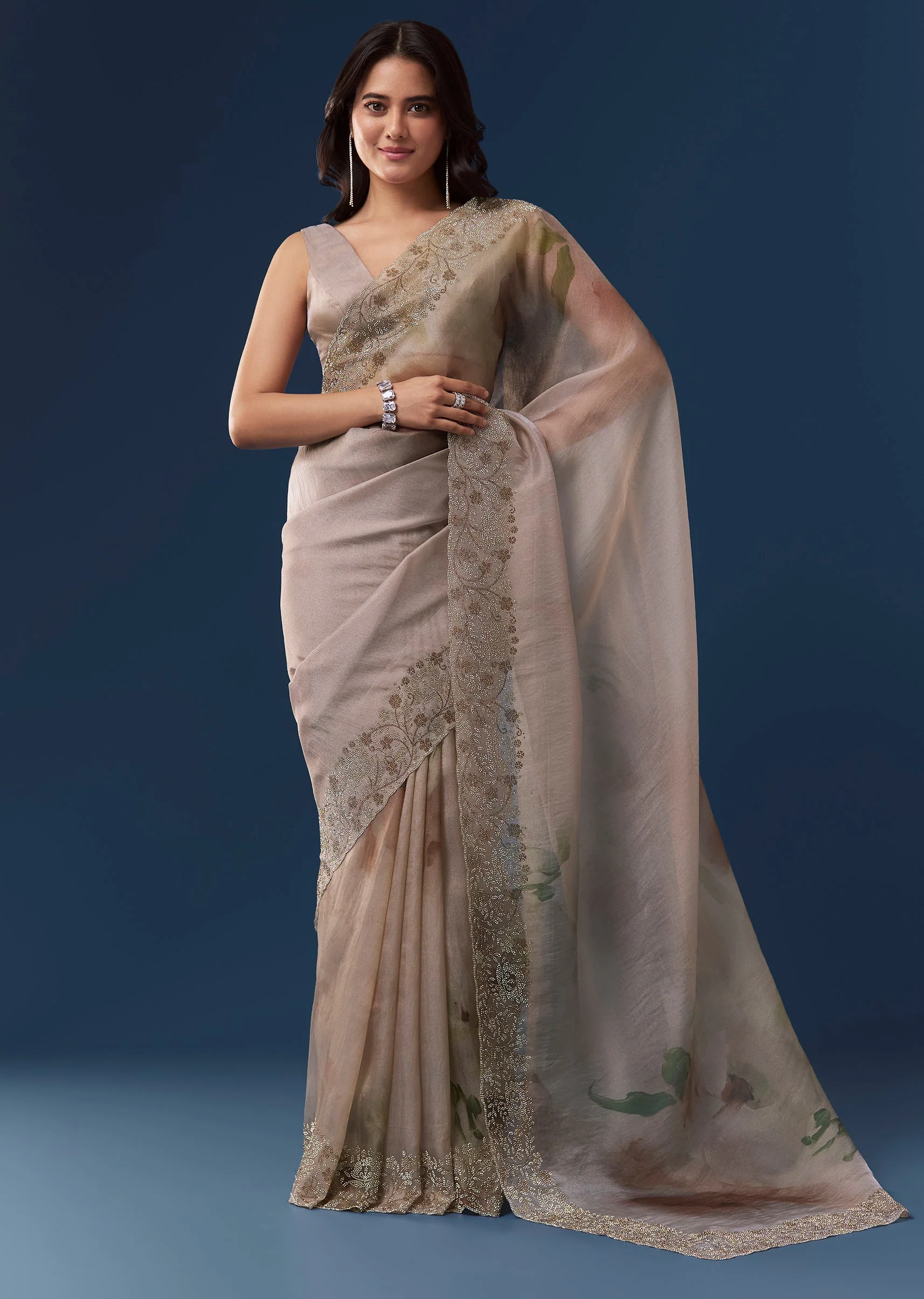 Grey Floral Printed Tissue Saree With Stone Embellished Border - Image 3