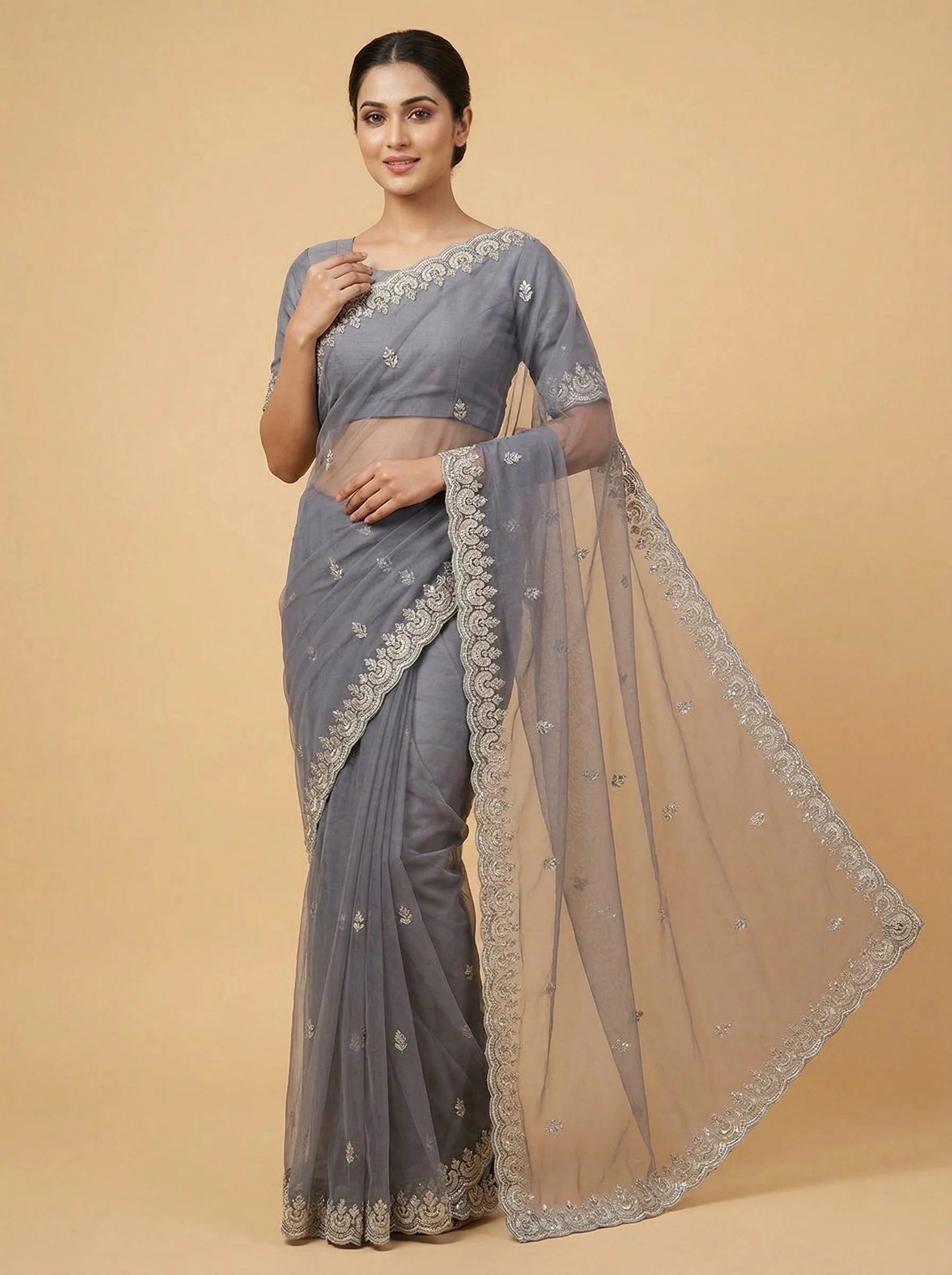 Grey Flowing Embroidered Saree