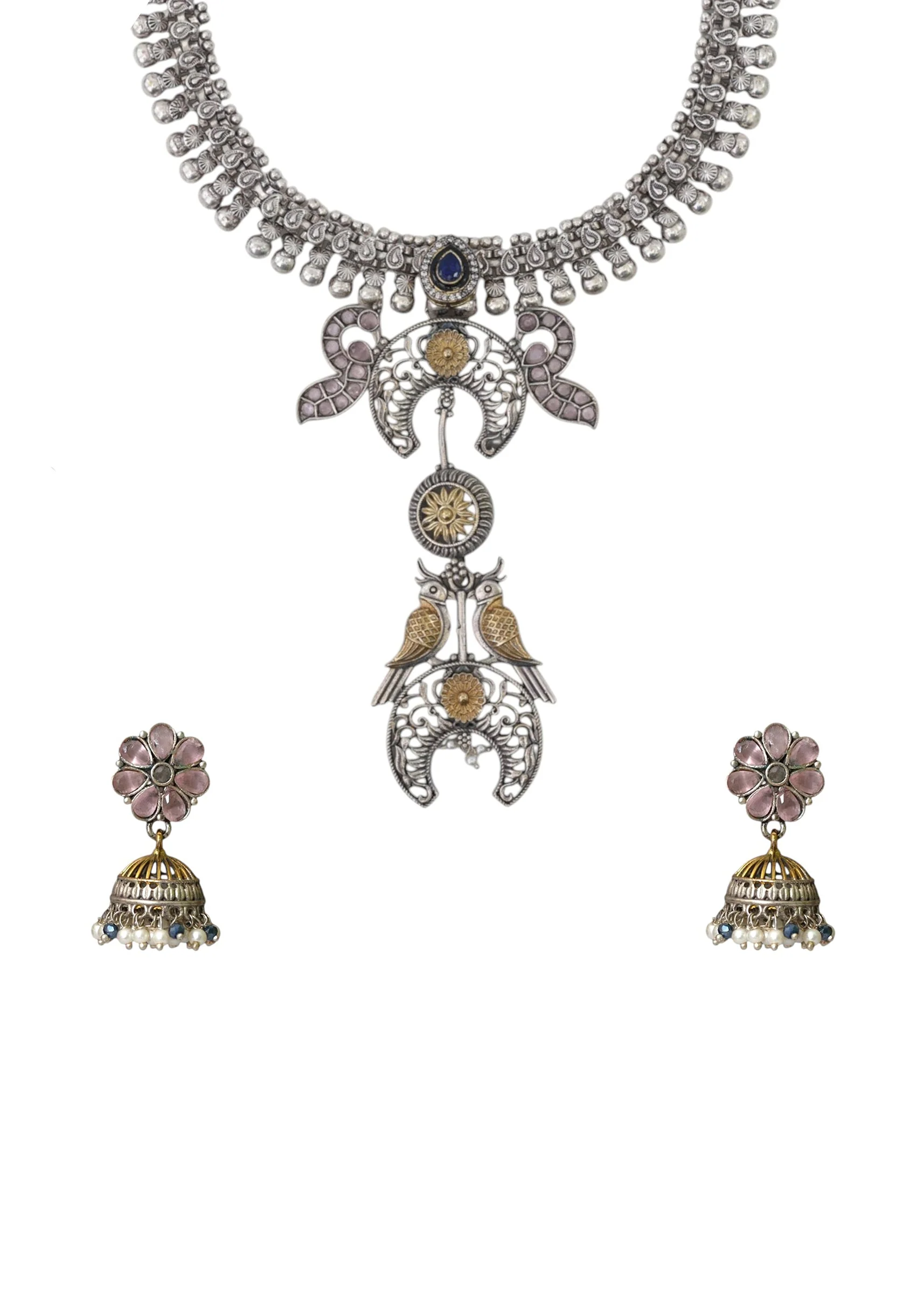 Grey Fusion Pendant Drop Statement Necklace Set - Image 2