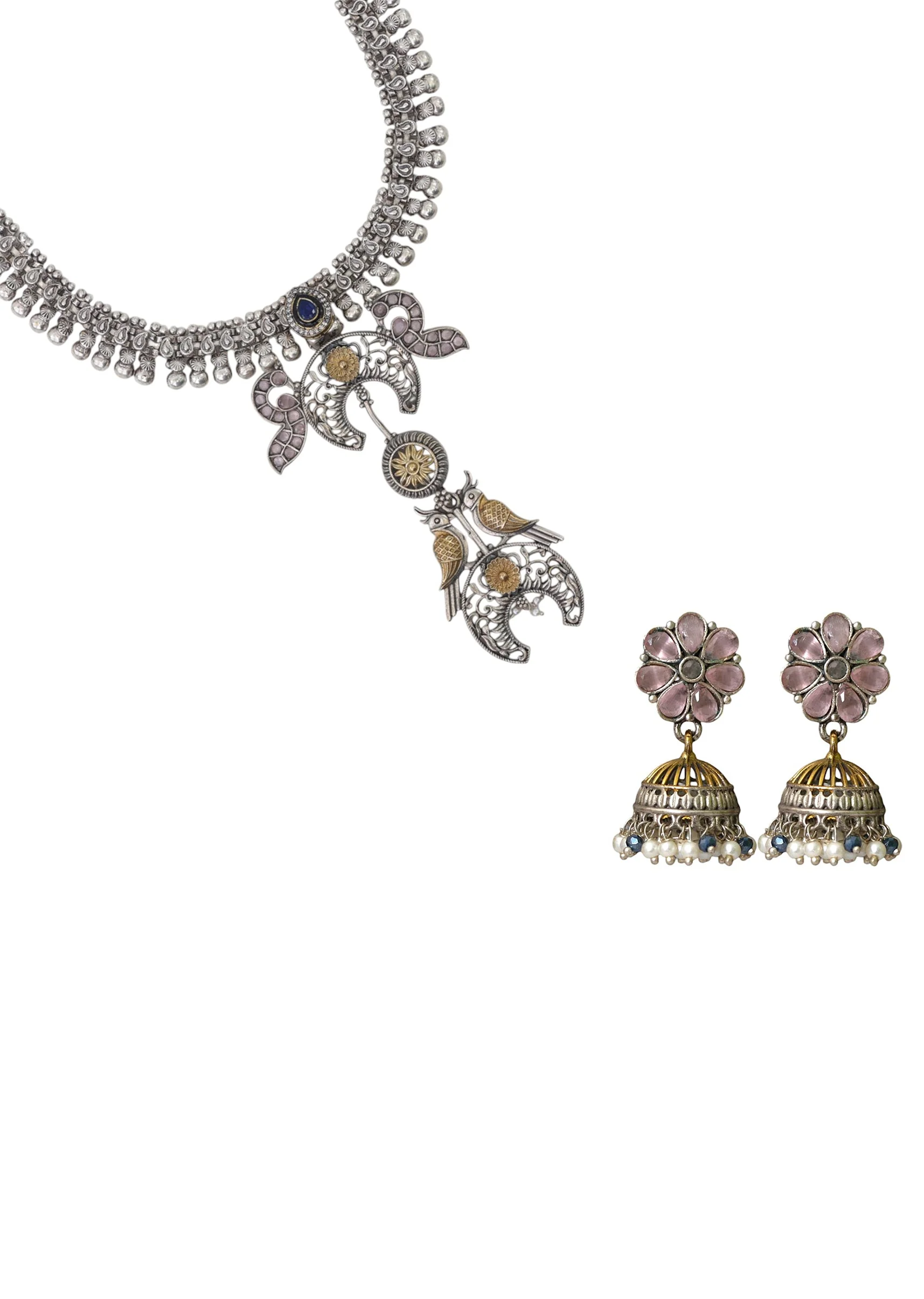 Grey Fusion Pendant Drop Statement Necklace Set - Image 3