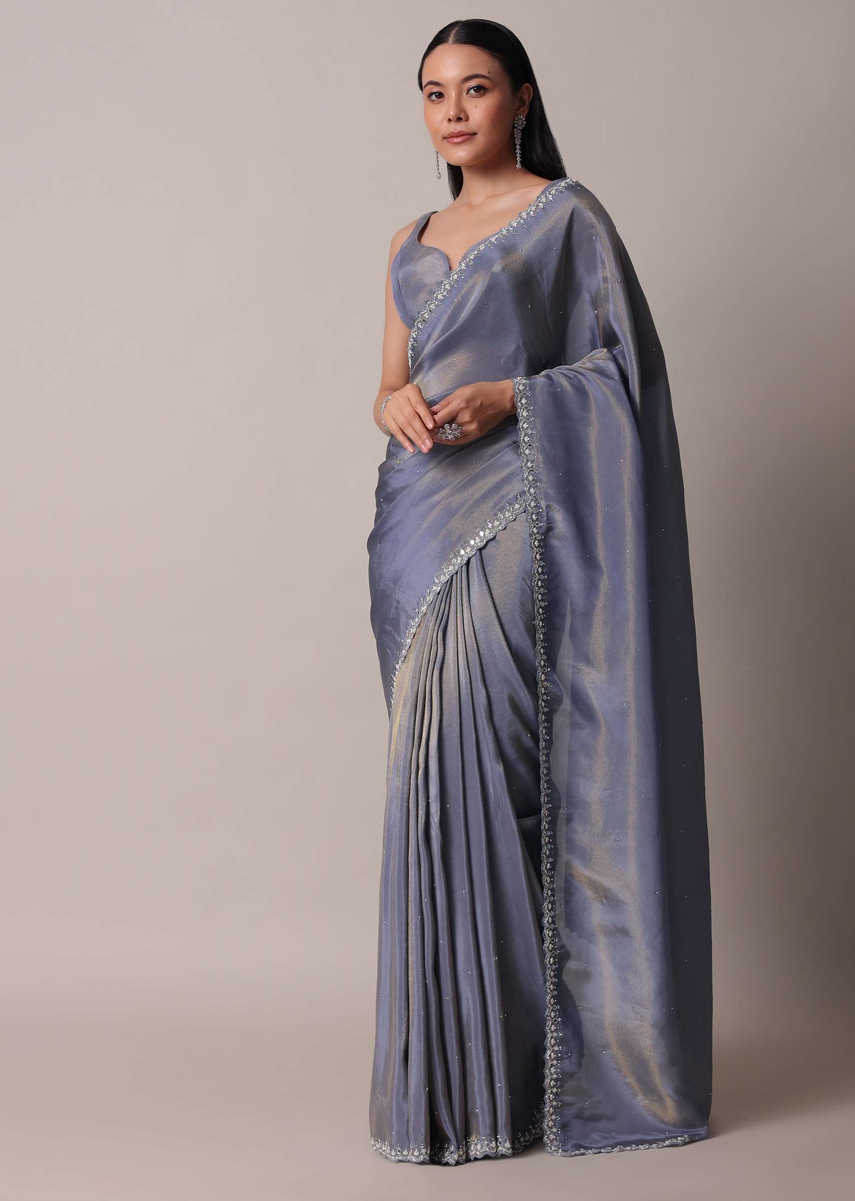 Grey Glass Tissue Saree With Mirror Work Border And Unstitched Blouse Piece - Image 3