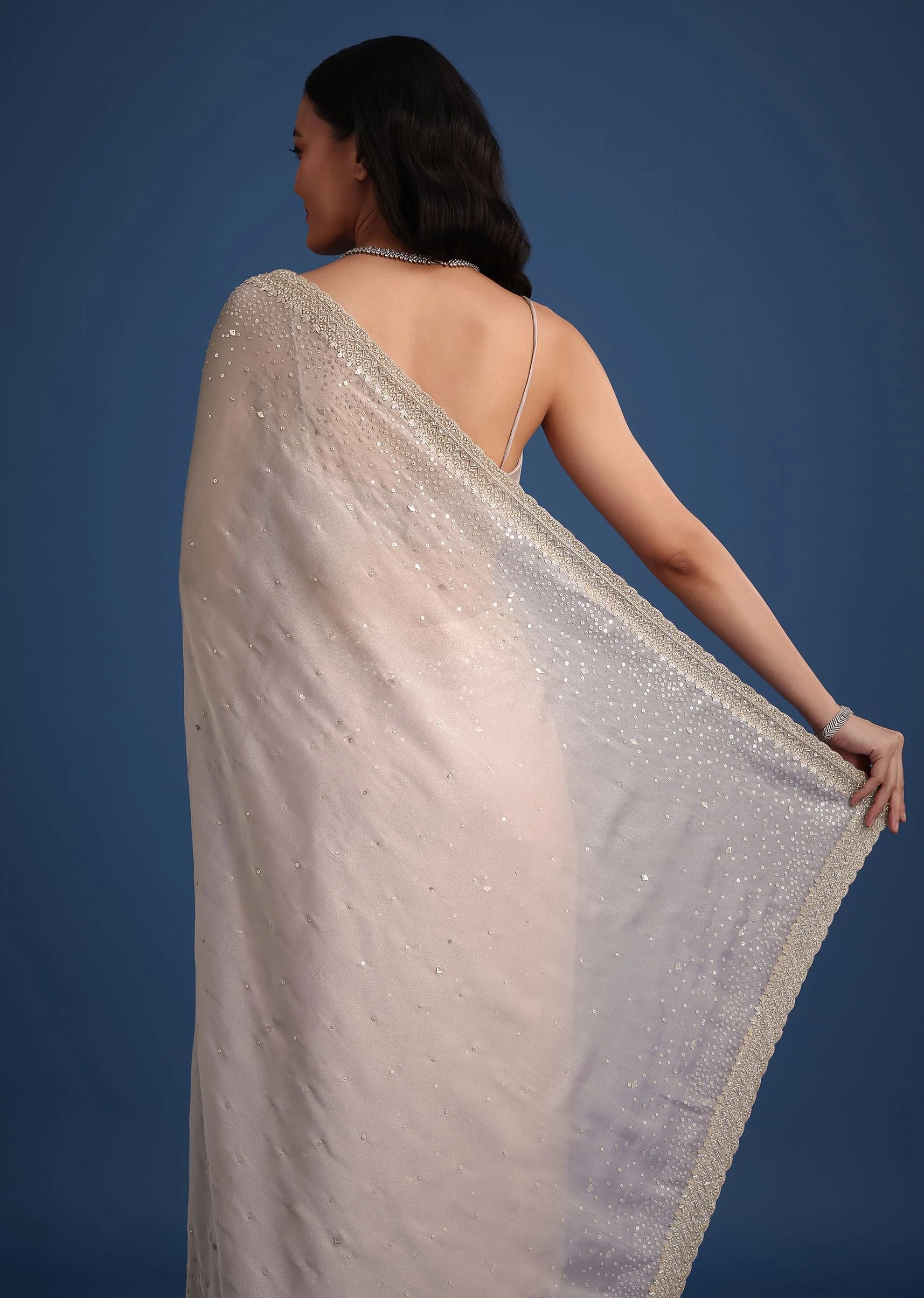 Grey Glass Tissue Silk Cutdana Work Saree With Embellished Scallop Border - Image 4