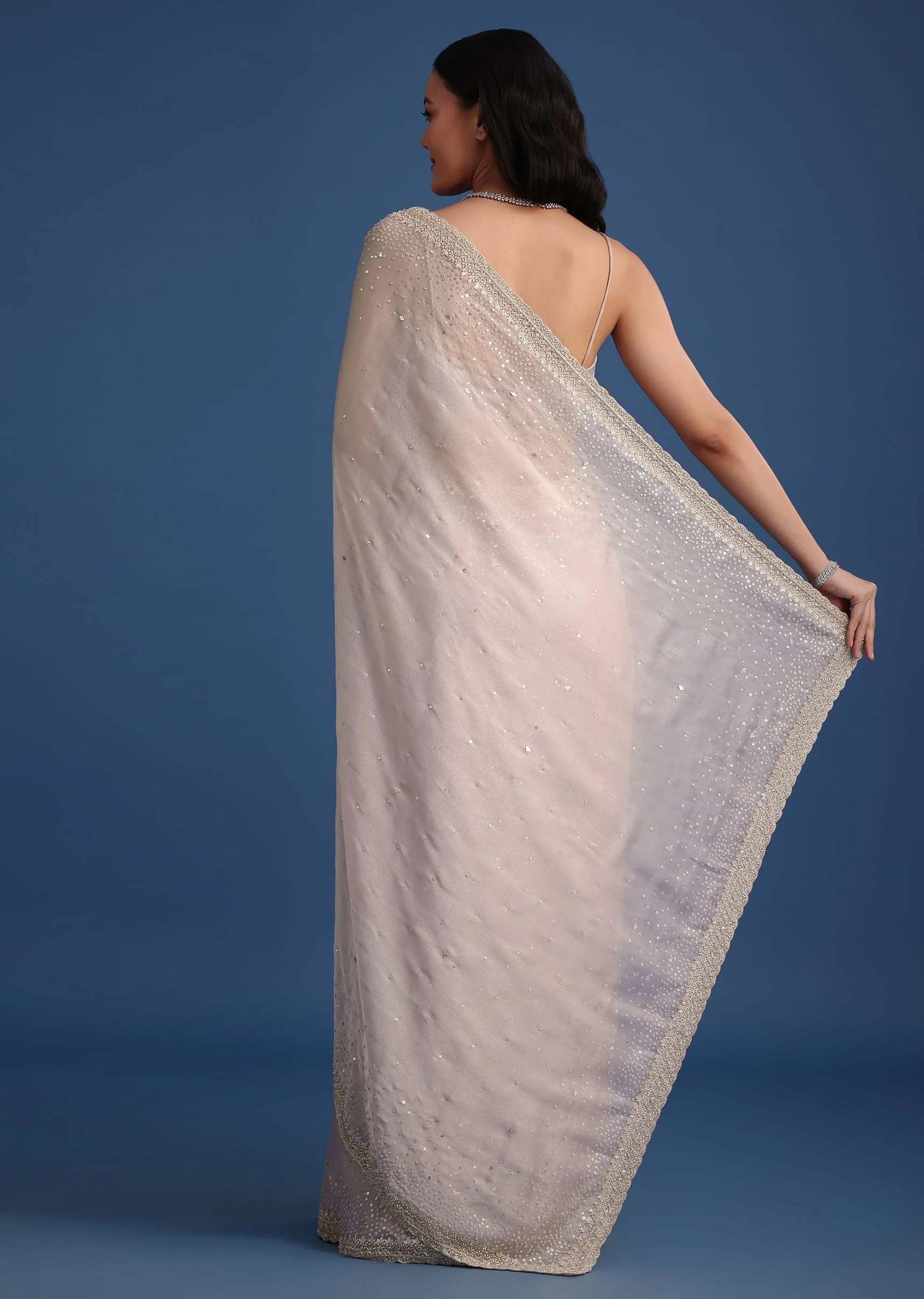 Grey Glass Tissue Silk Cutdana Work Saree With Embellished Scallop Border - Image 6