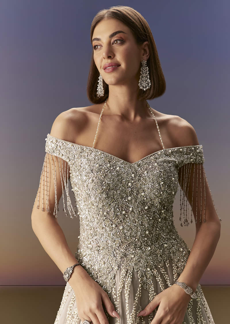 Grey Gown Off Shoulder With Silver Embroidery - Image 3