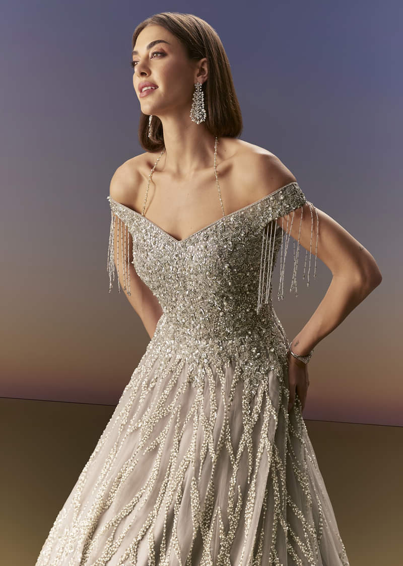Grey Gown Off Shoulder With Silver Embroidery - Image 5