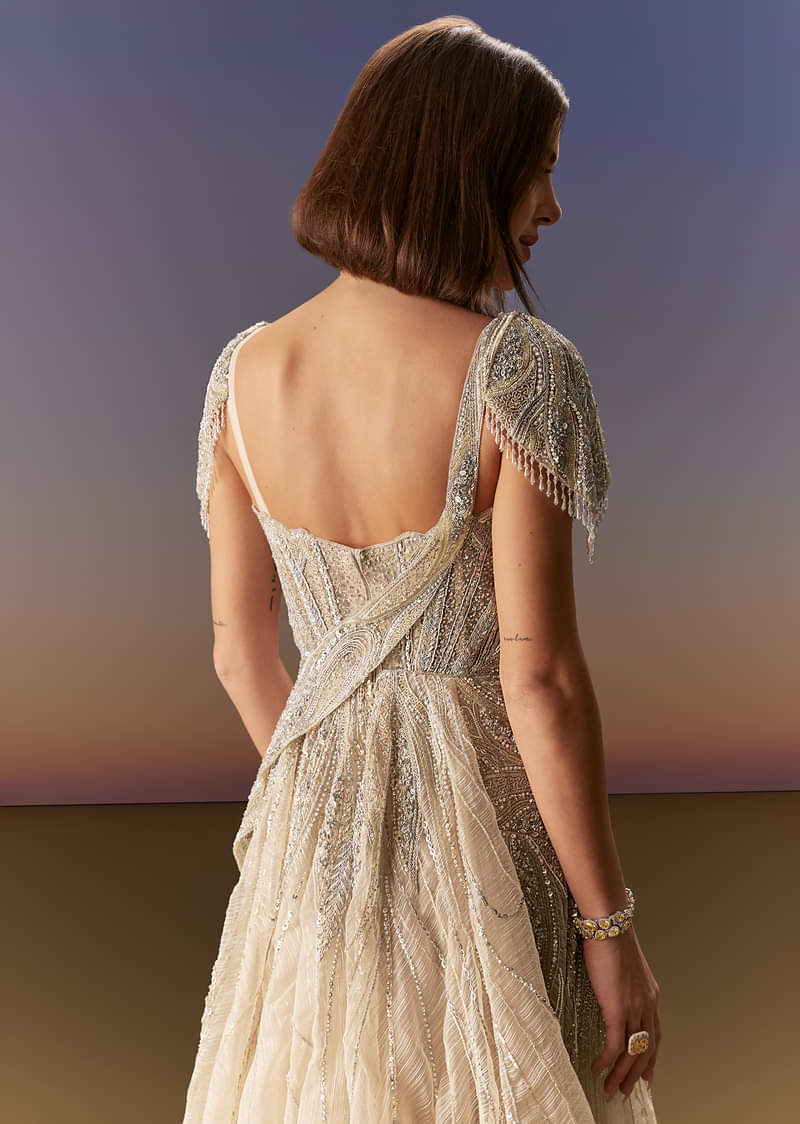 Grey Gown With Draped Cap Sleeves And Flowing Embroidered Flare - Image 6