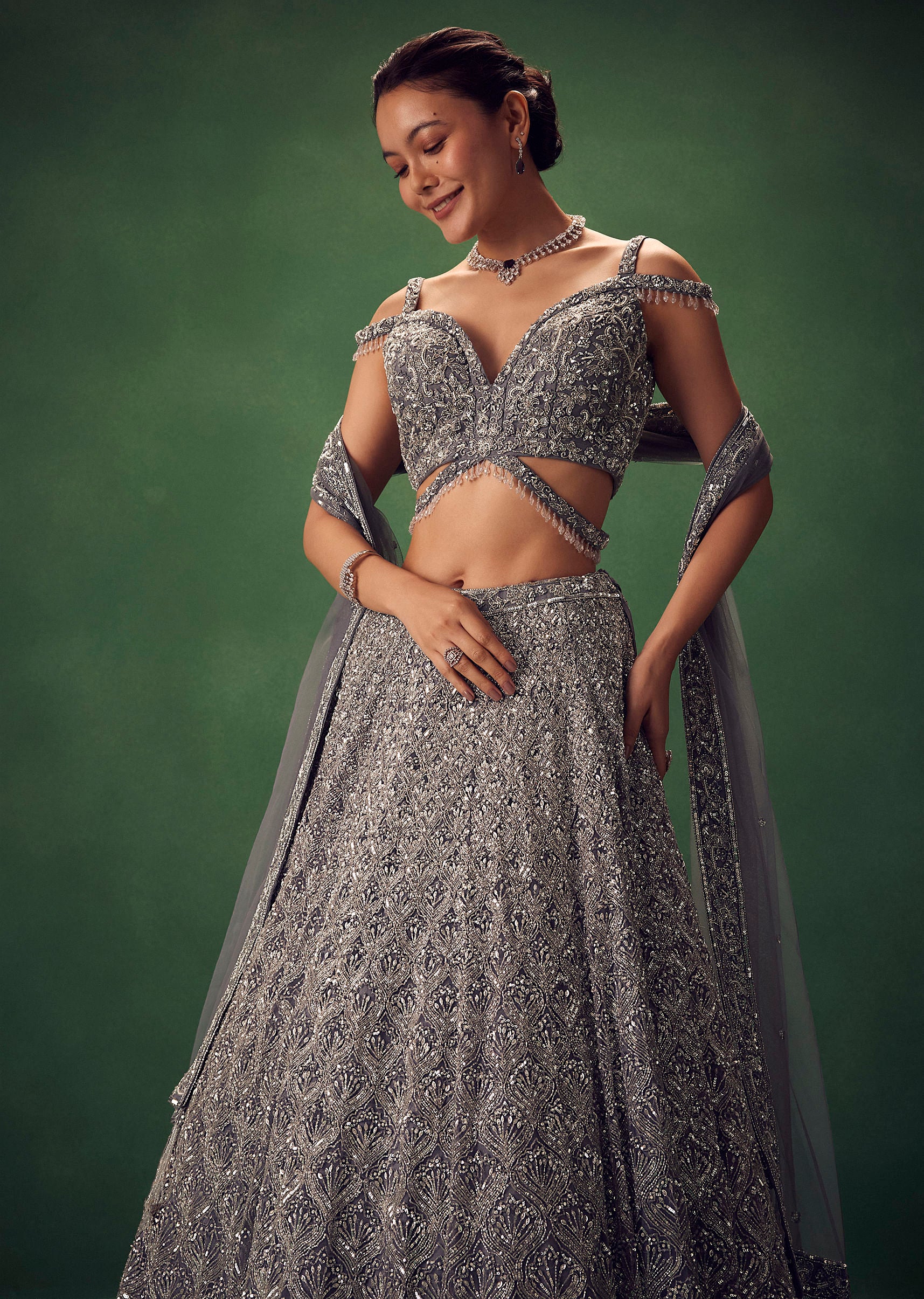 Grey Hand Embroidered Sequin Work Lehenga Set - Image 2