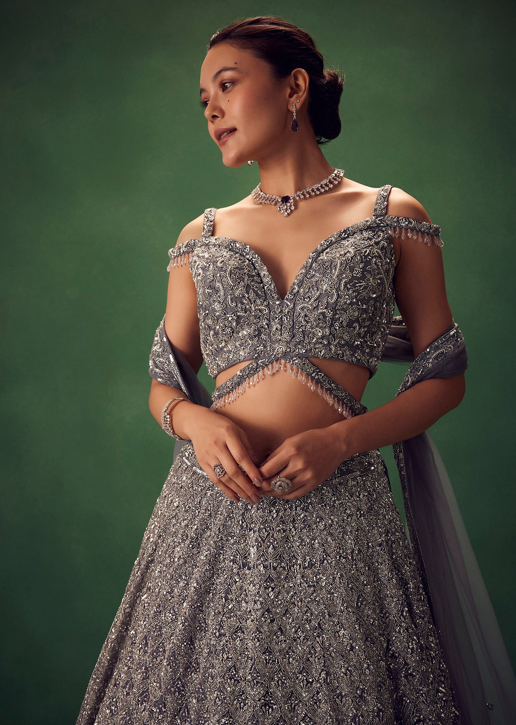 Grey Hand Embroidered Sequin Work Lehenga Set - Image 5
