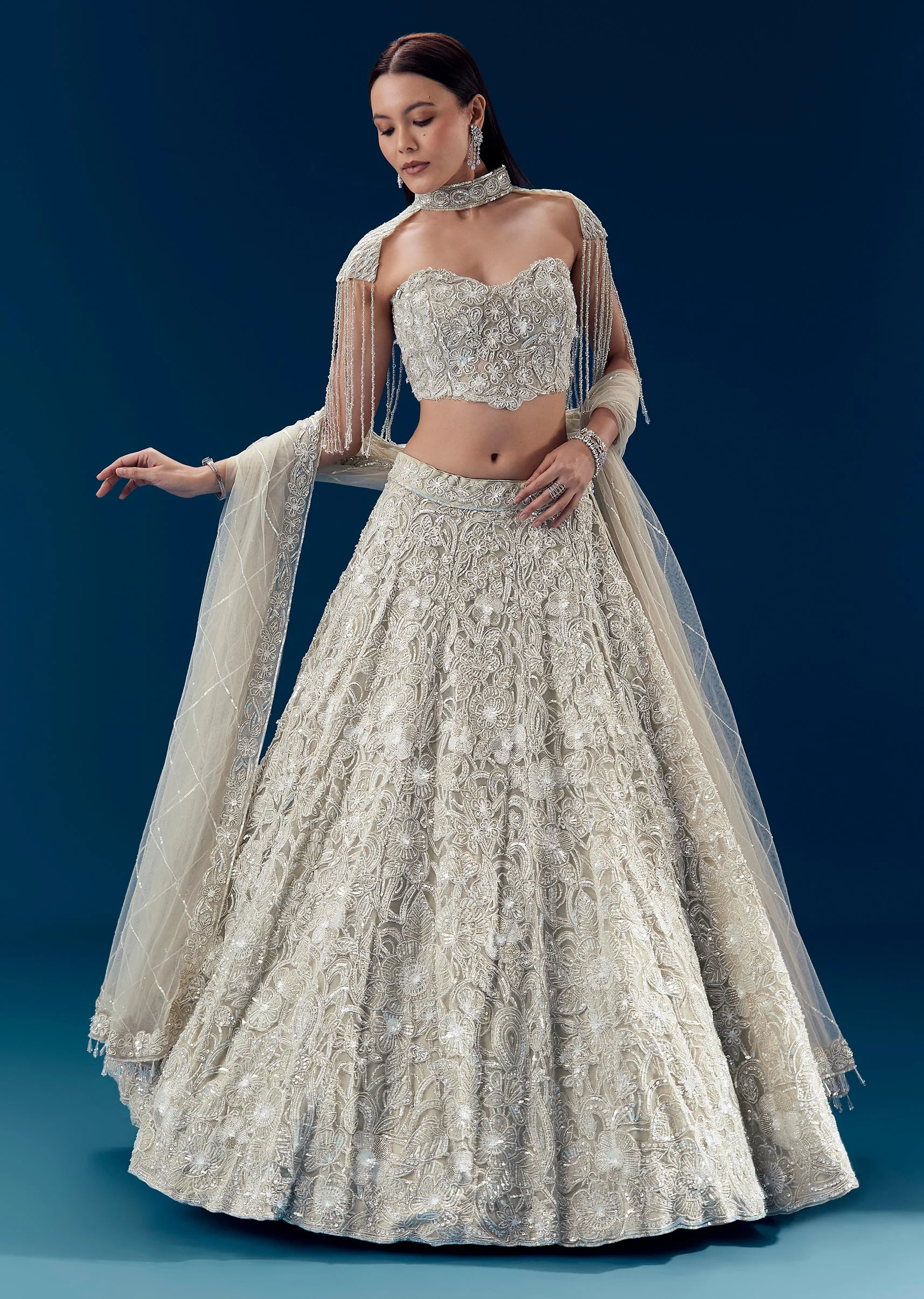 Grey Heavy Embroidered Bridal Lehenga Set