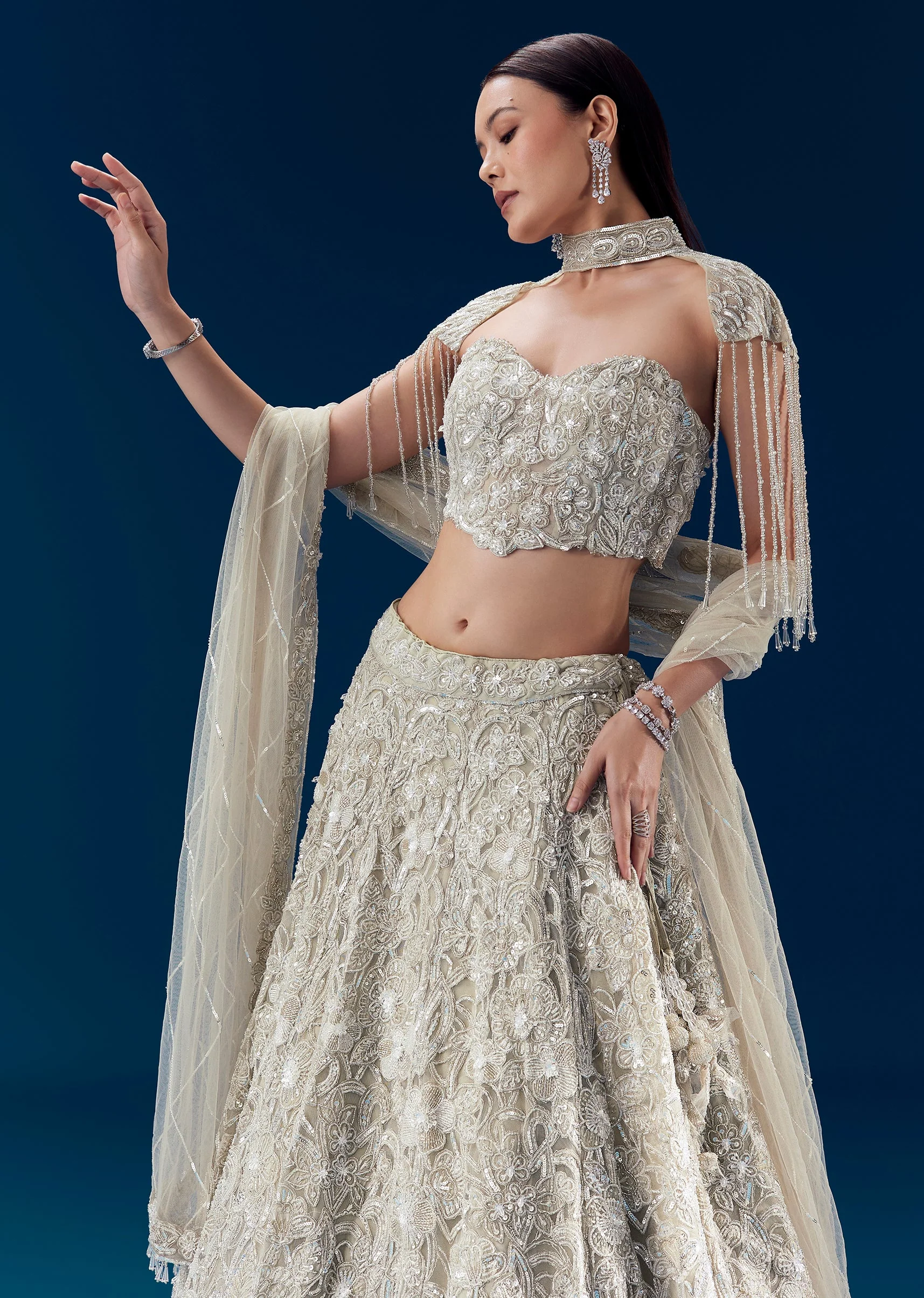 Grey Heavy Embroidered Bridal Lehenga Set - Image 5