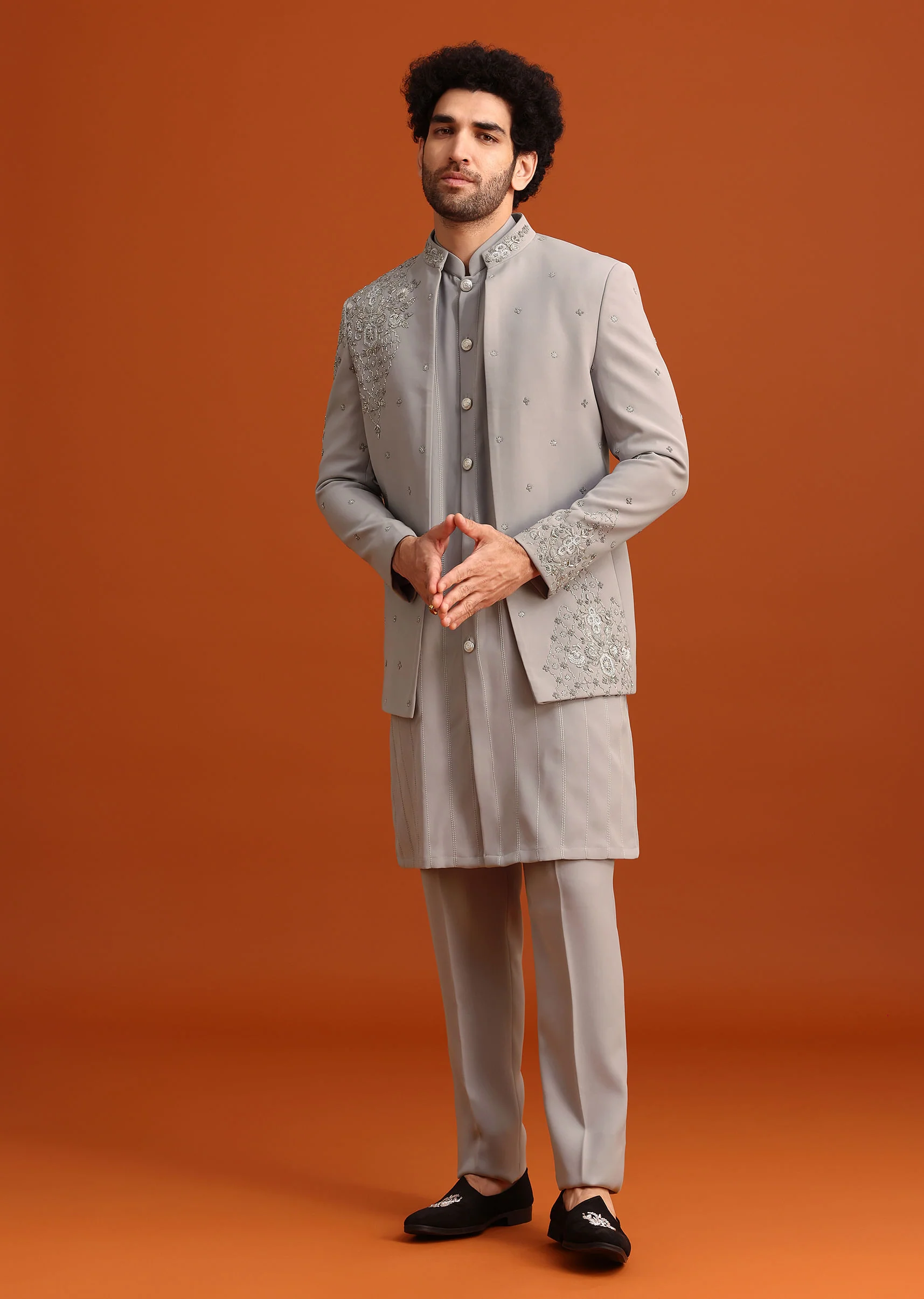Grey Indo Western Jacket And Kurta Set - Image 3