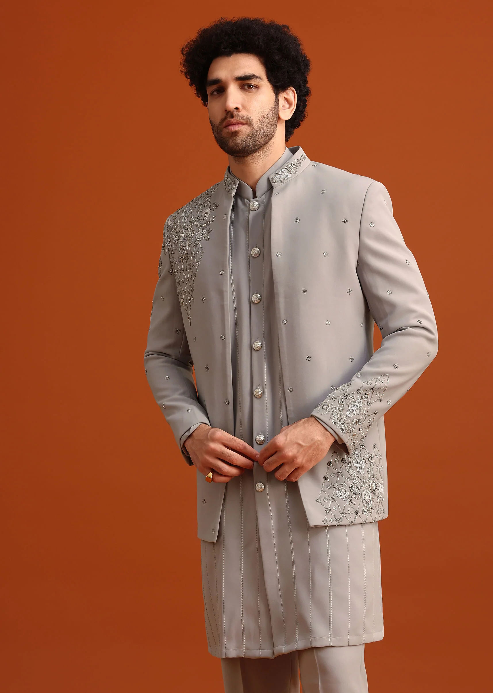Grey Indo Western Jacket And Kurta Set - Image 4