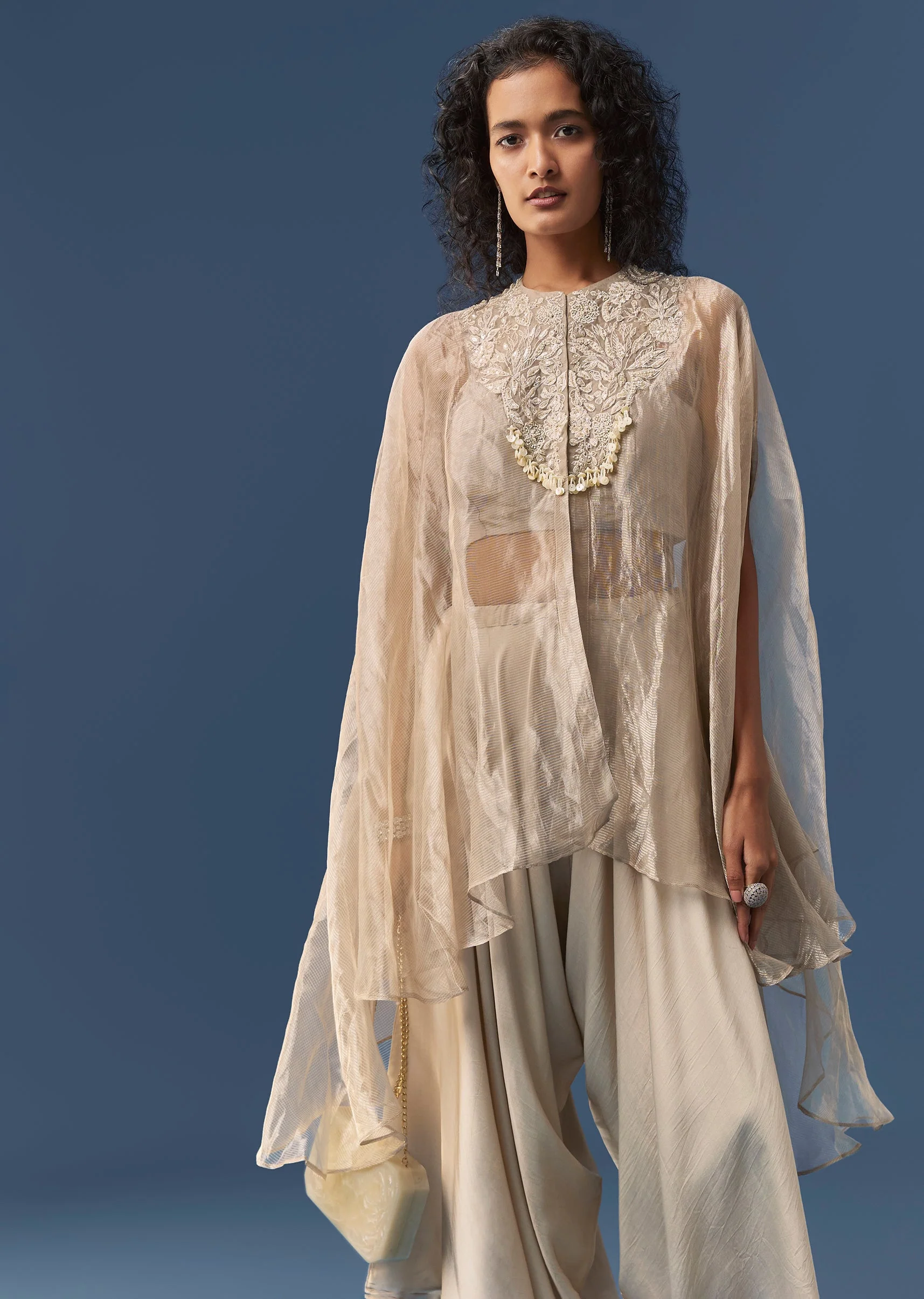Grey Indowestern Organza Cape and Palazzo Set - Image 4