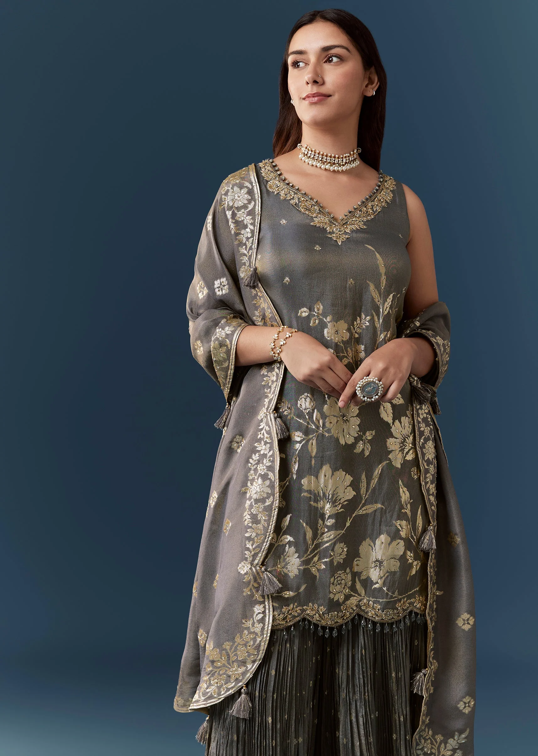Grey Jacquard Weave Stone Work Kurta Sharara Set - Image 4