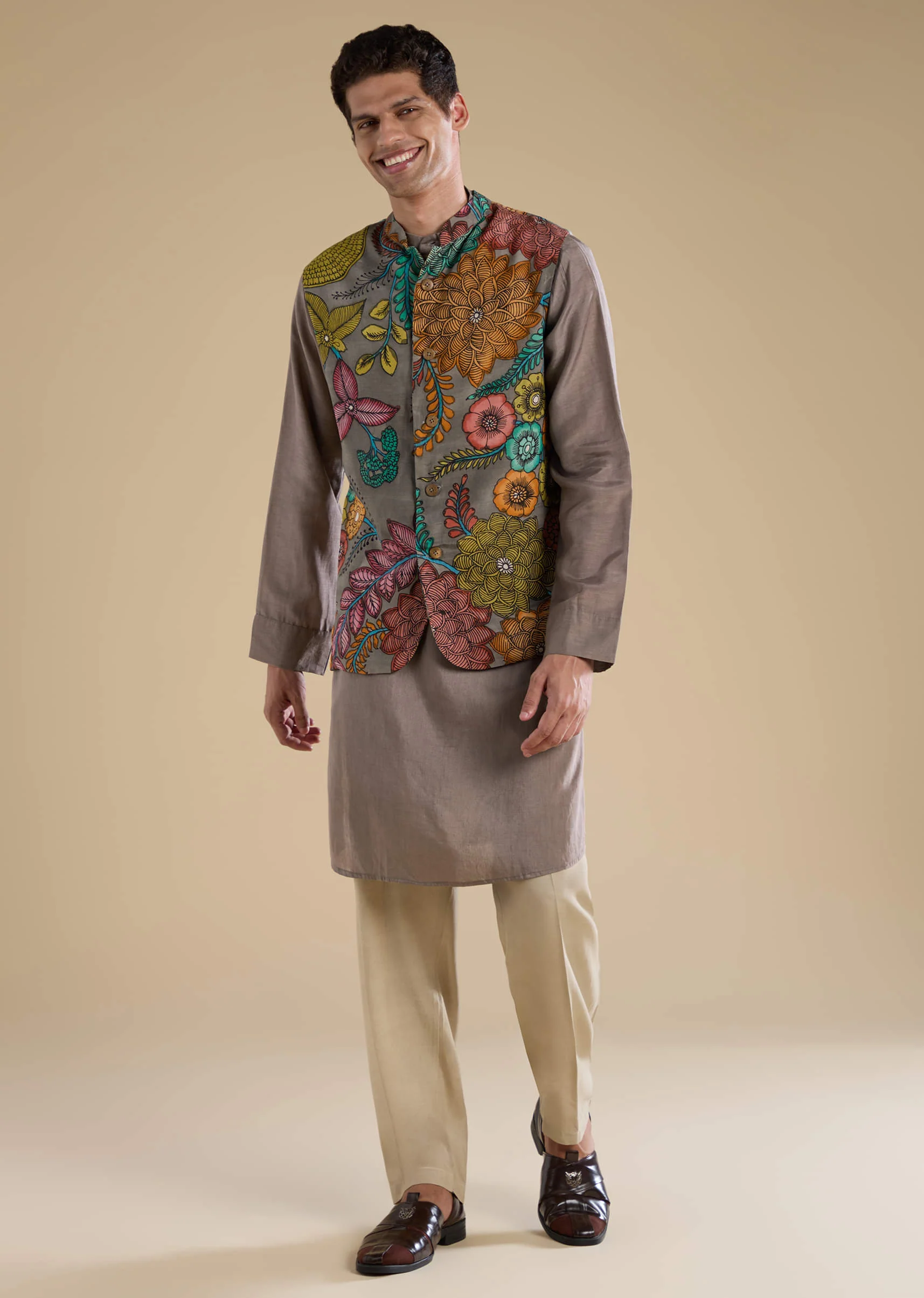 Grey Kalamkari Mens Jacket Kurta and Pant Set - Image 3