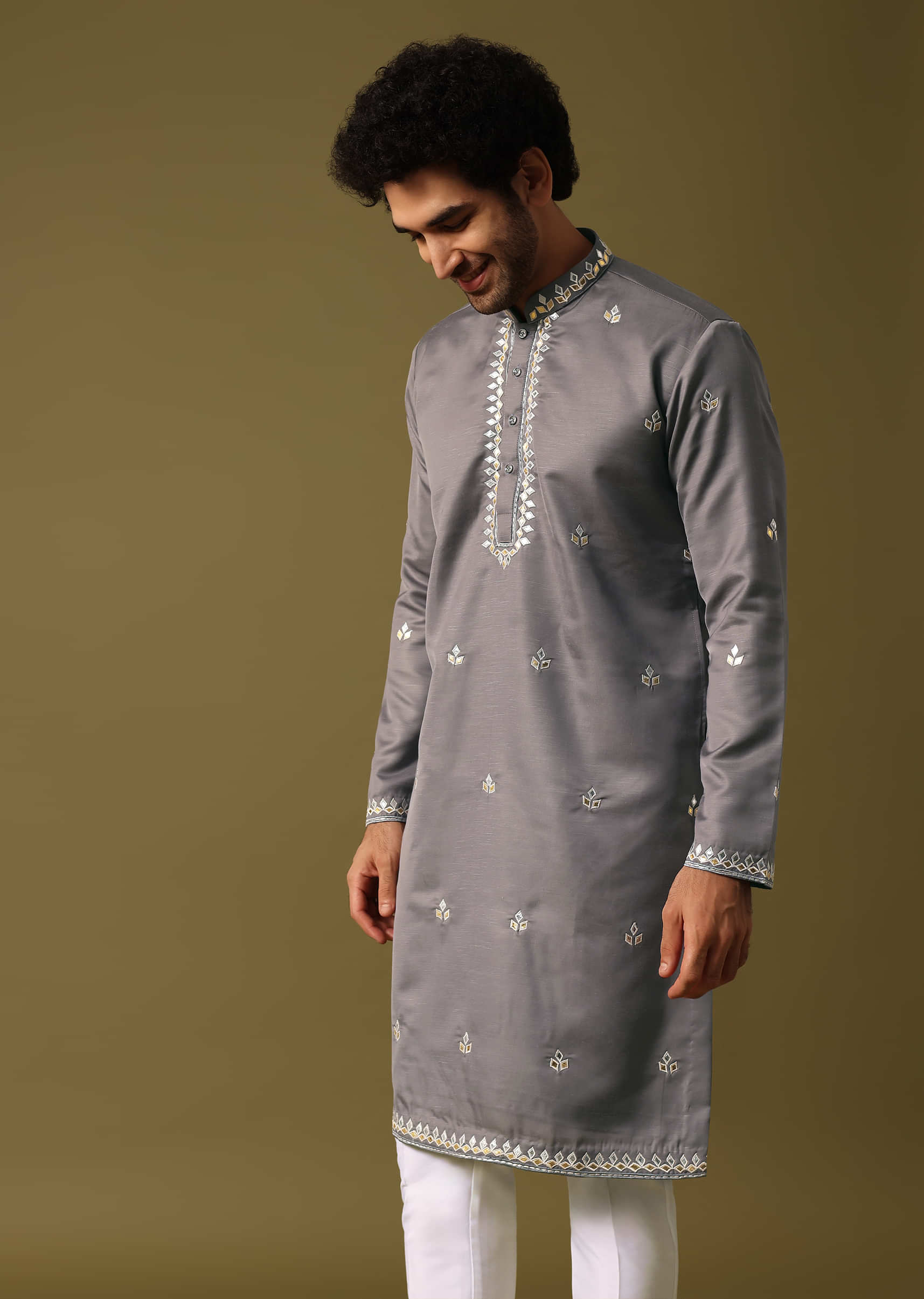Grey Kurta Pant Set With Abla Work For Men - Image 3