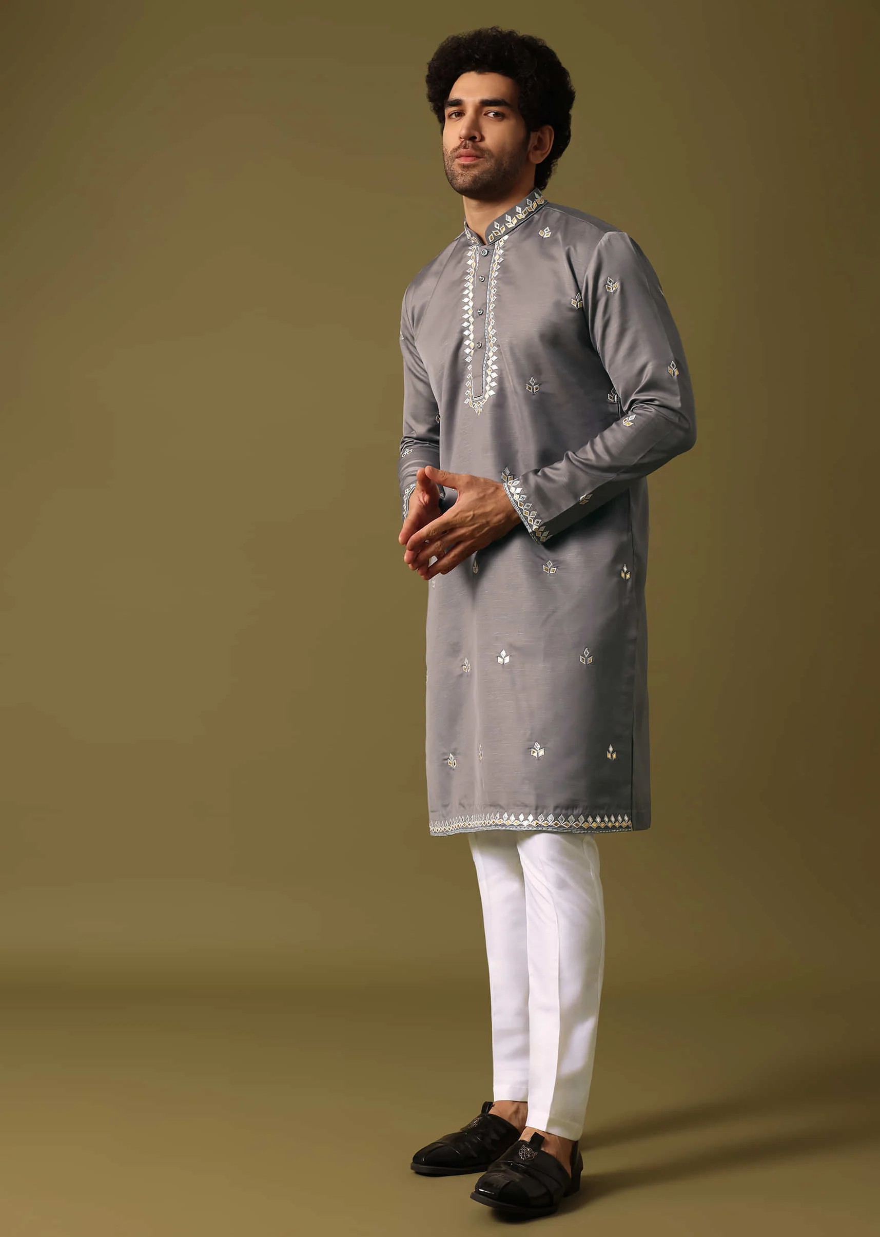 Grey Kurta Pant Set With Abla Work For Men - Image 4