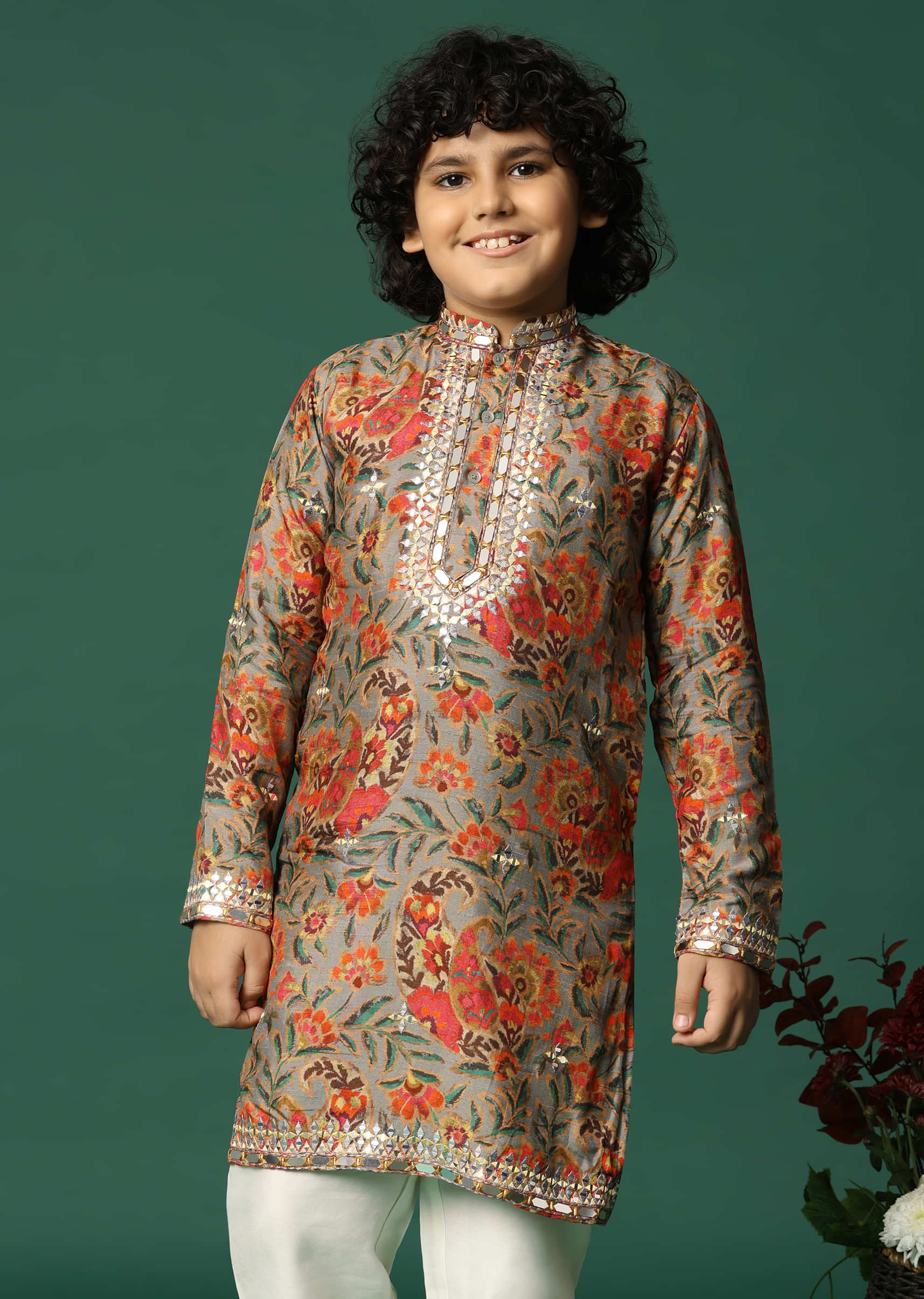 Grey Kurta Pant With Thread And Mirror Work For Boys - Image 2