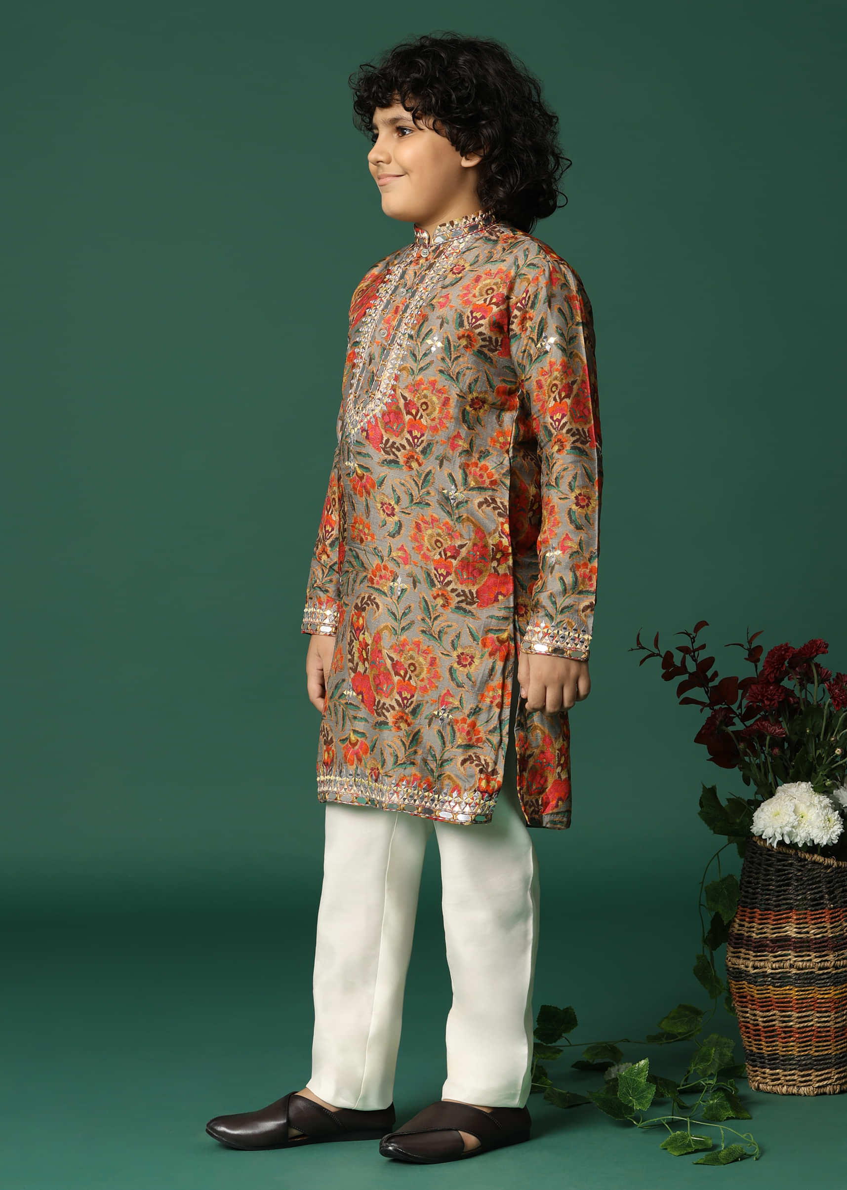 Grey Kurta Pant With Thread And Mirror Work For Boys - Image 3