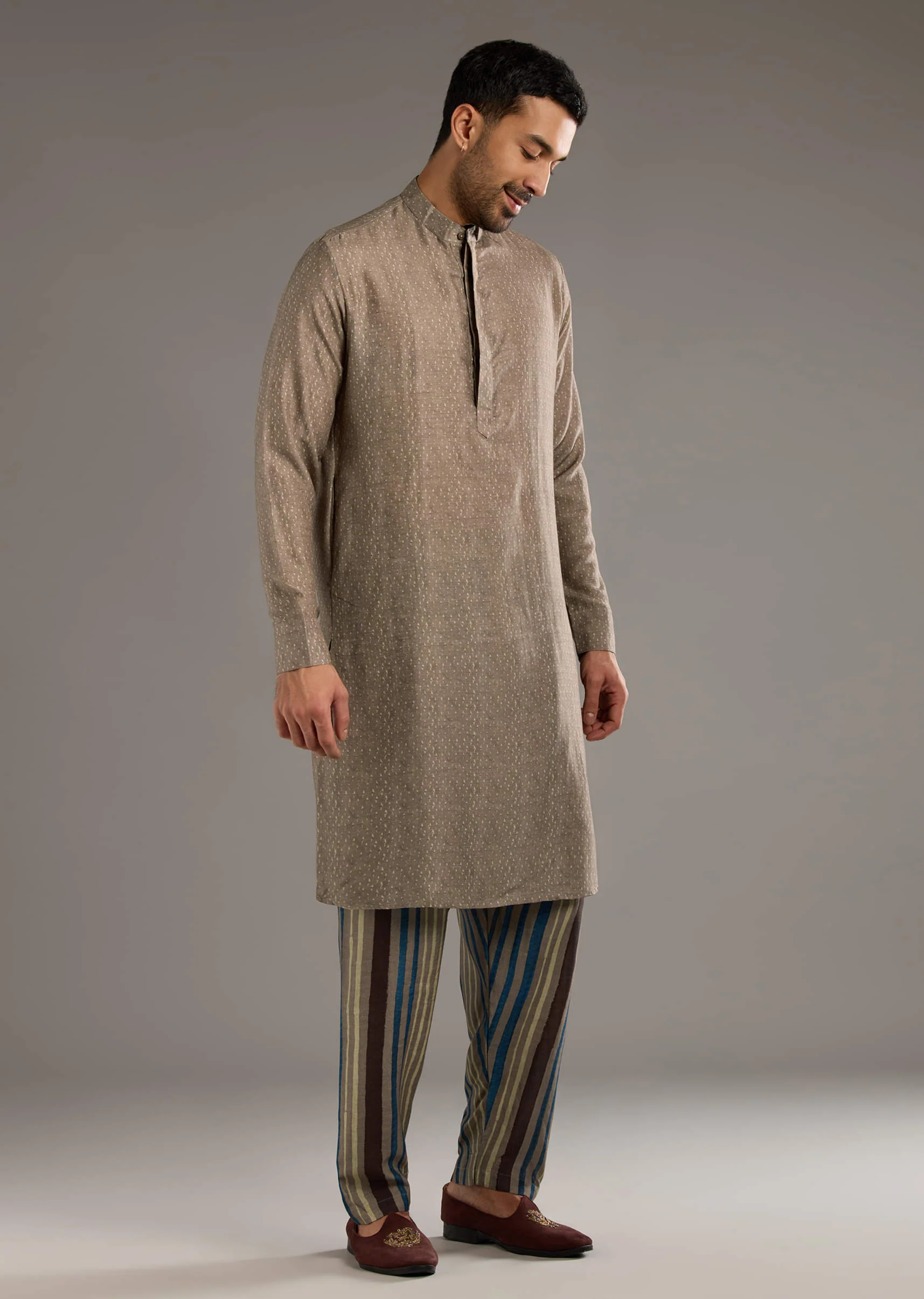 Grey Linen Kurta Jacket Set For Men With Hand Block Ajrakh Print - Image 6