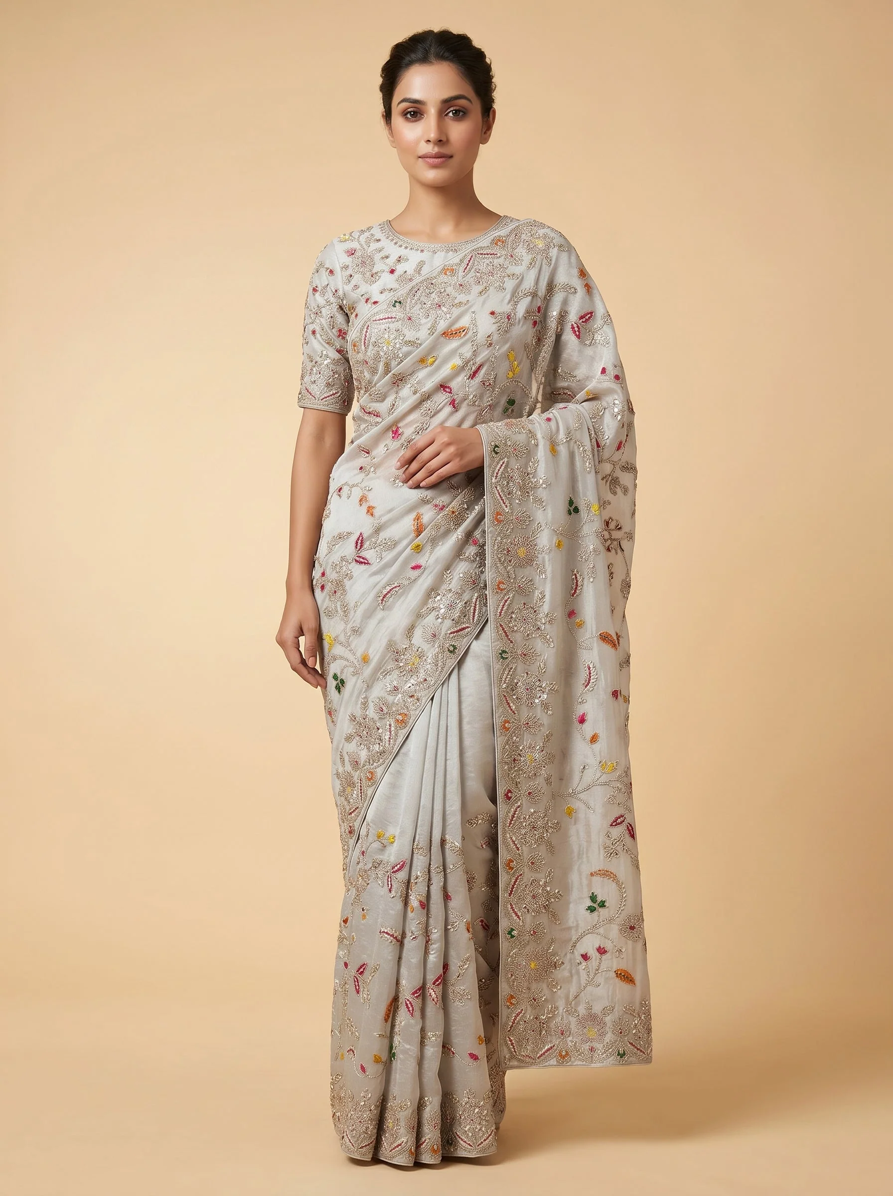 Grey Minimal Embroidered Saree