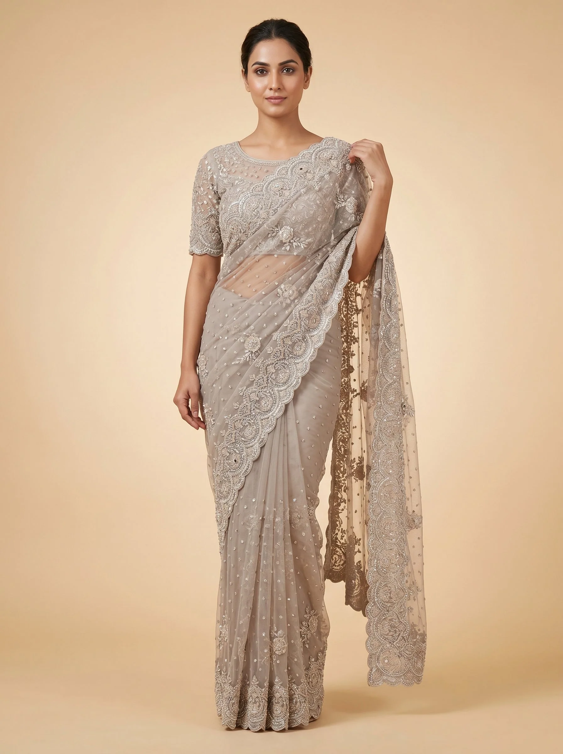 Grey Modern Grace Embroidered Saree