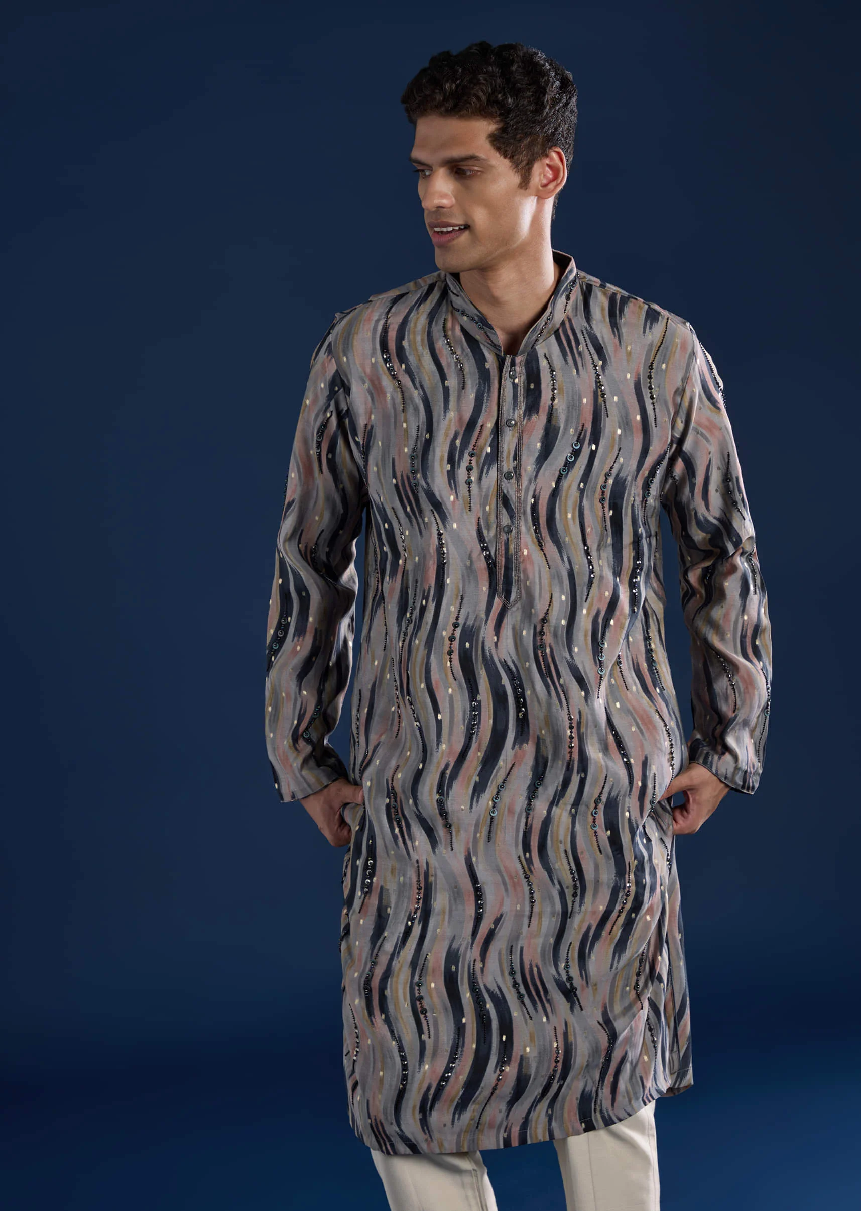 Grey Moti Embroidered Mens Kurta and Pant Set - Image 4