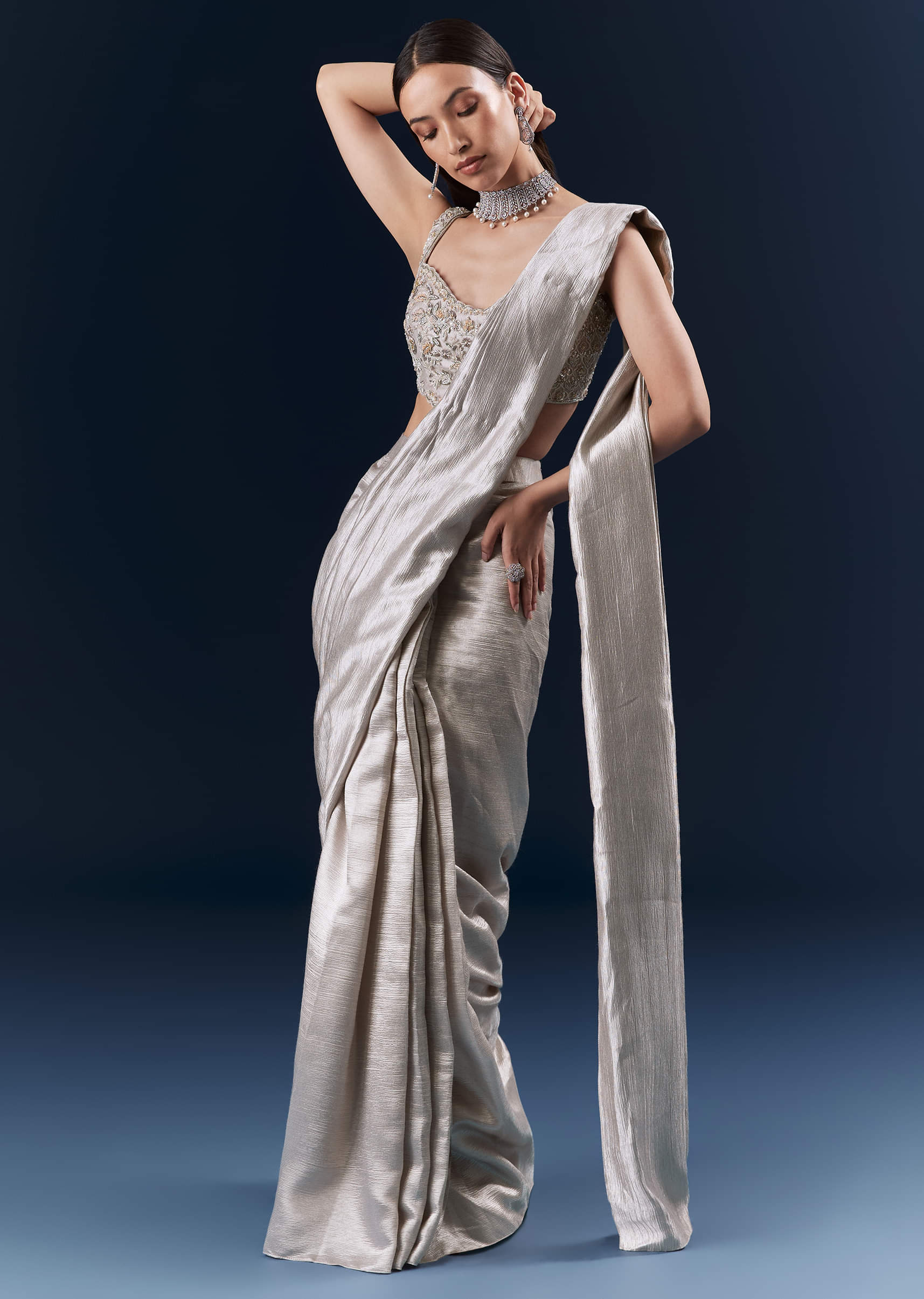 Grey Net Ready Pleated Saree With Embroidery - Image 4