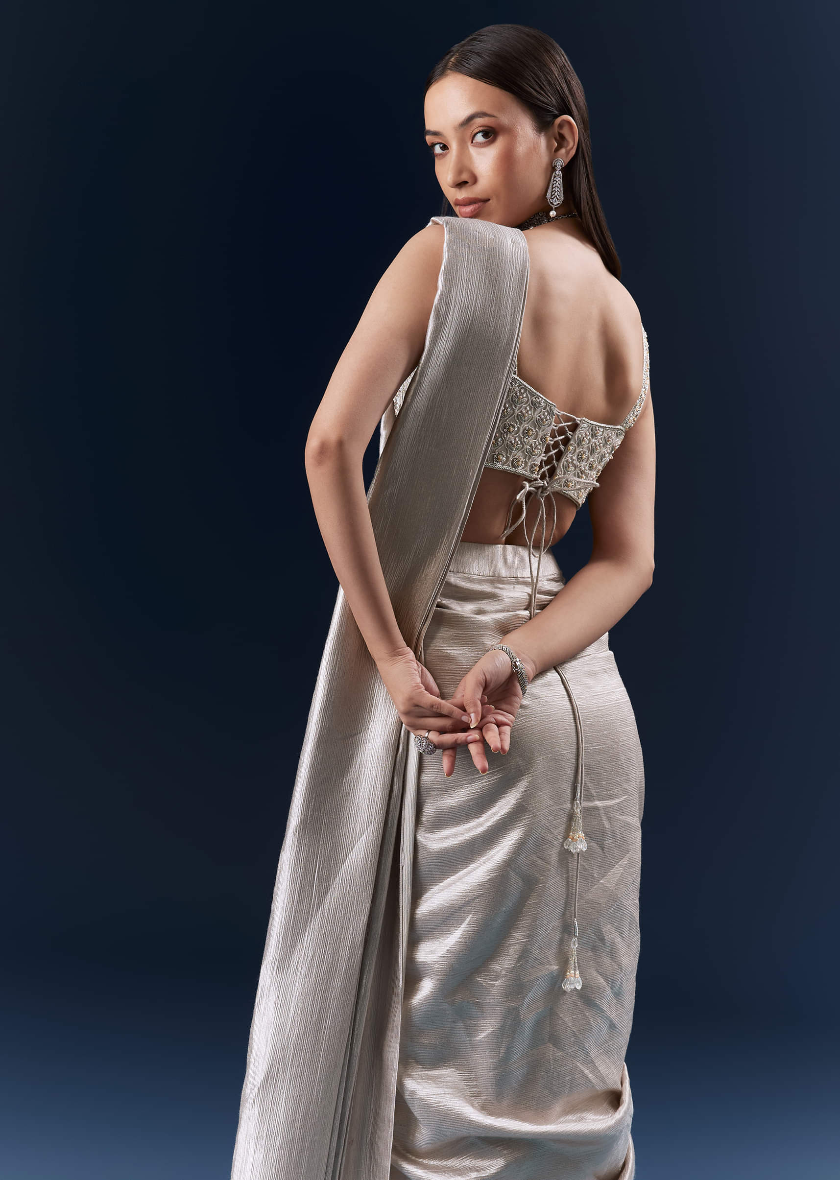 Grey Net Ready Pleated Saree With Embroidery - Image 6