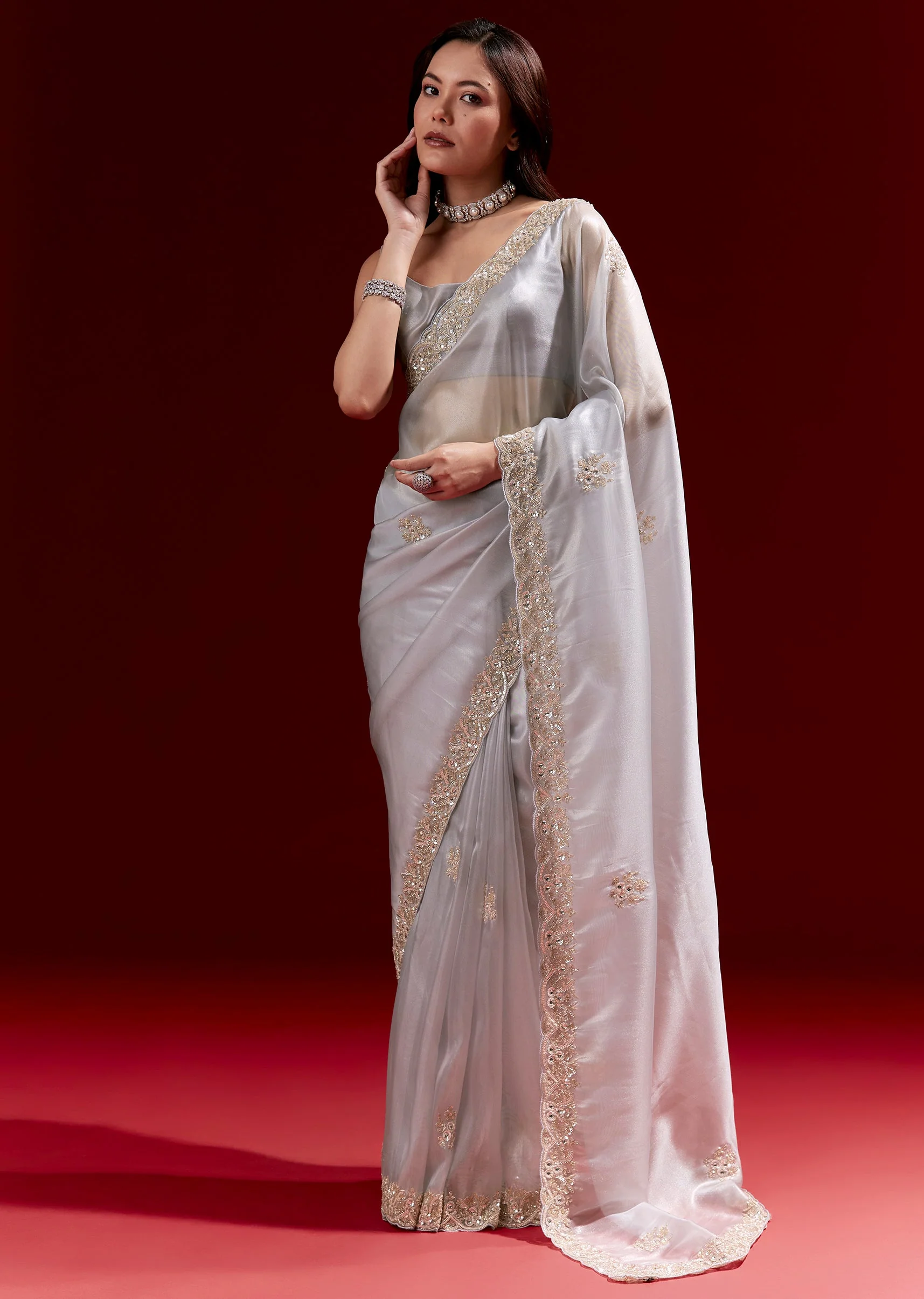 Grey Net Saree With Scalloped Cutdana Embroidered Border - Image 3
