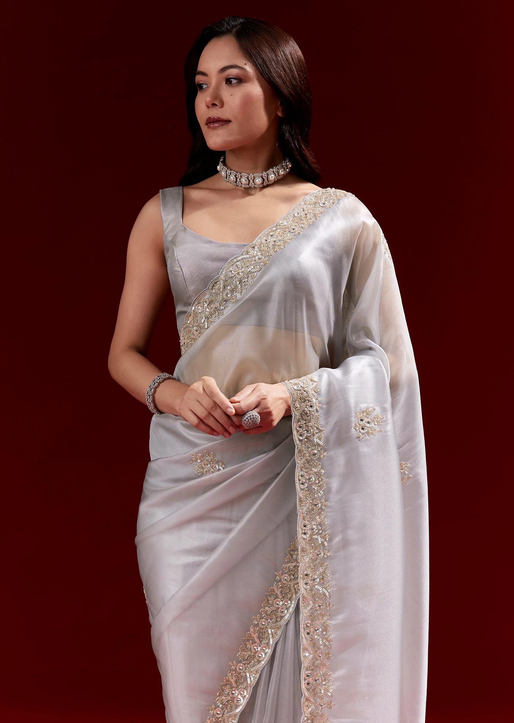 Grey Net Saree With Scalloped Cutdana Embroidered Border - Image 5