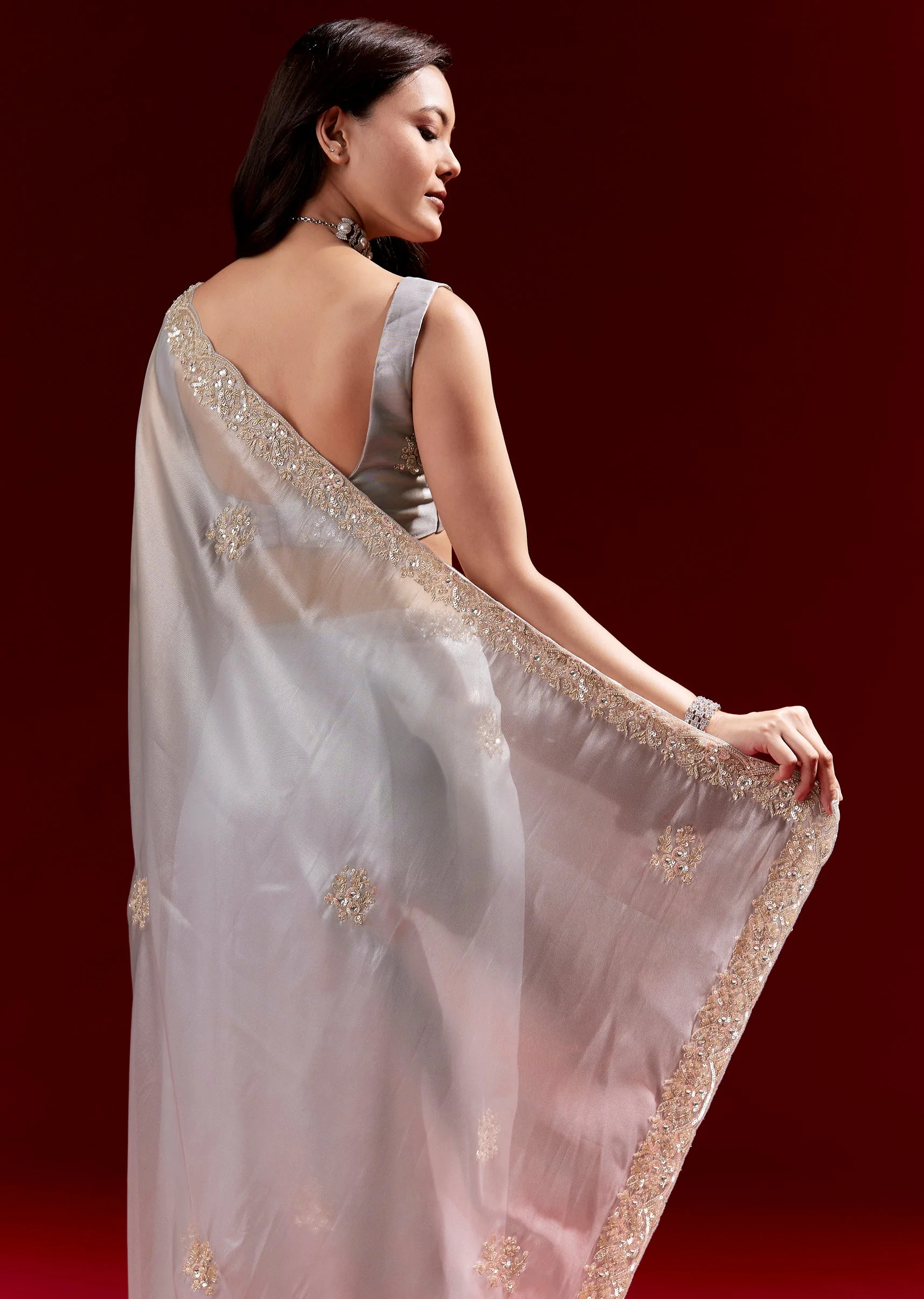 Grey Net Saree With Scalloped Cutdana Embroidered Border - Image 6