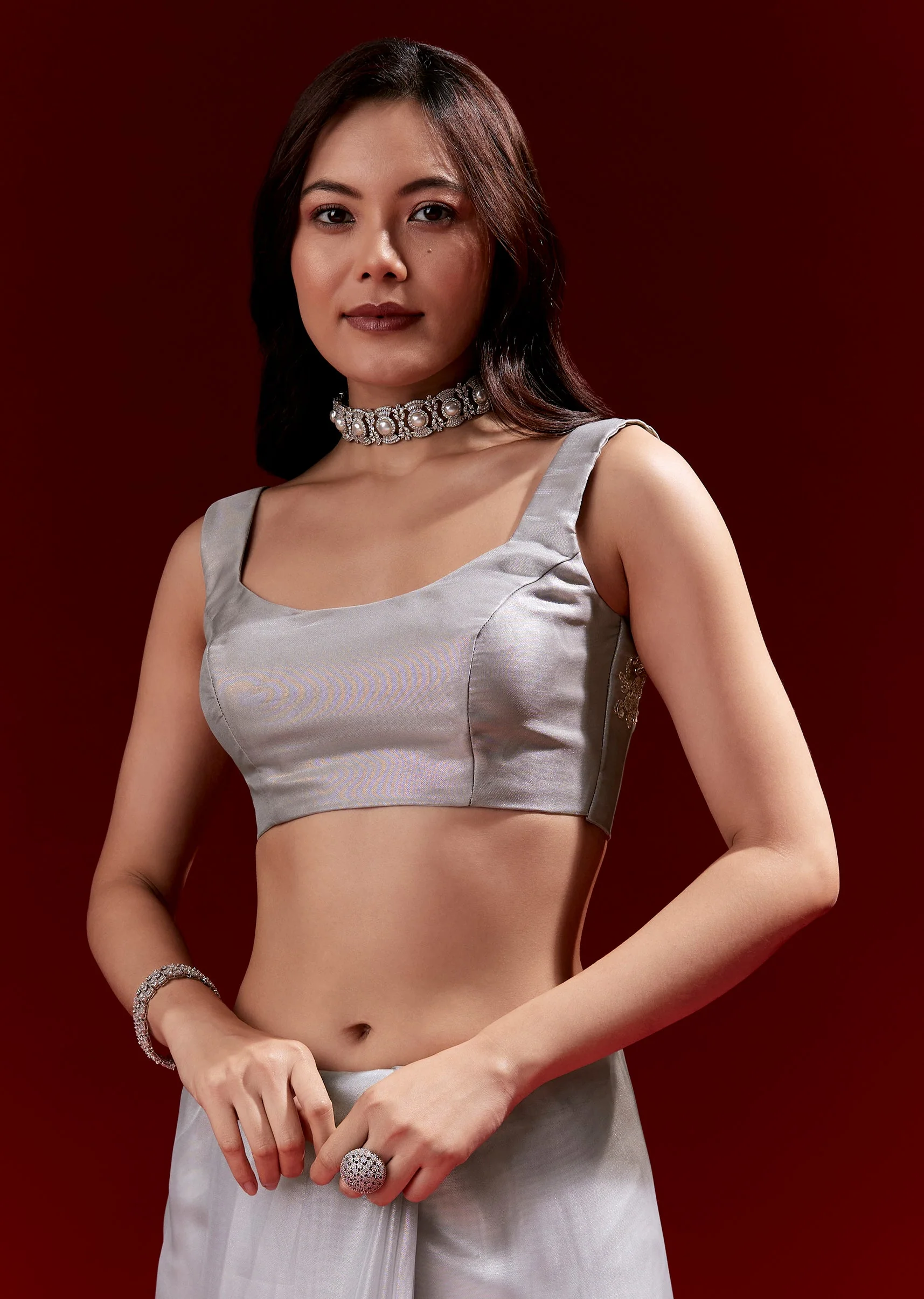 Grey Net Saree With Scalloped Cutdana Embroidered Border - Image 7