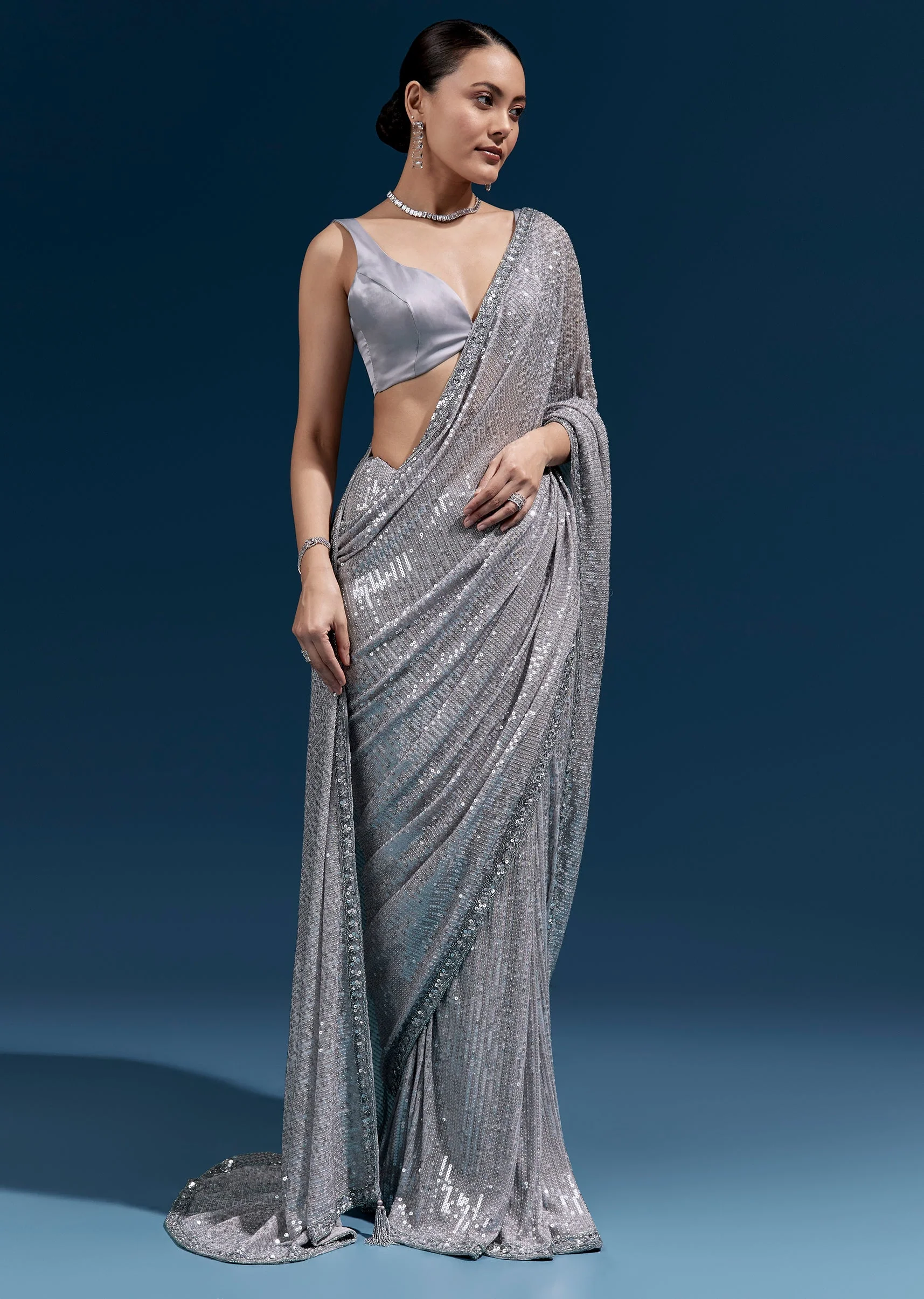 Grey Net Sequin Saree With Linear All Over Work And Hand Embroidered Floral Border - Image 3