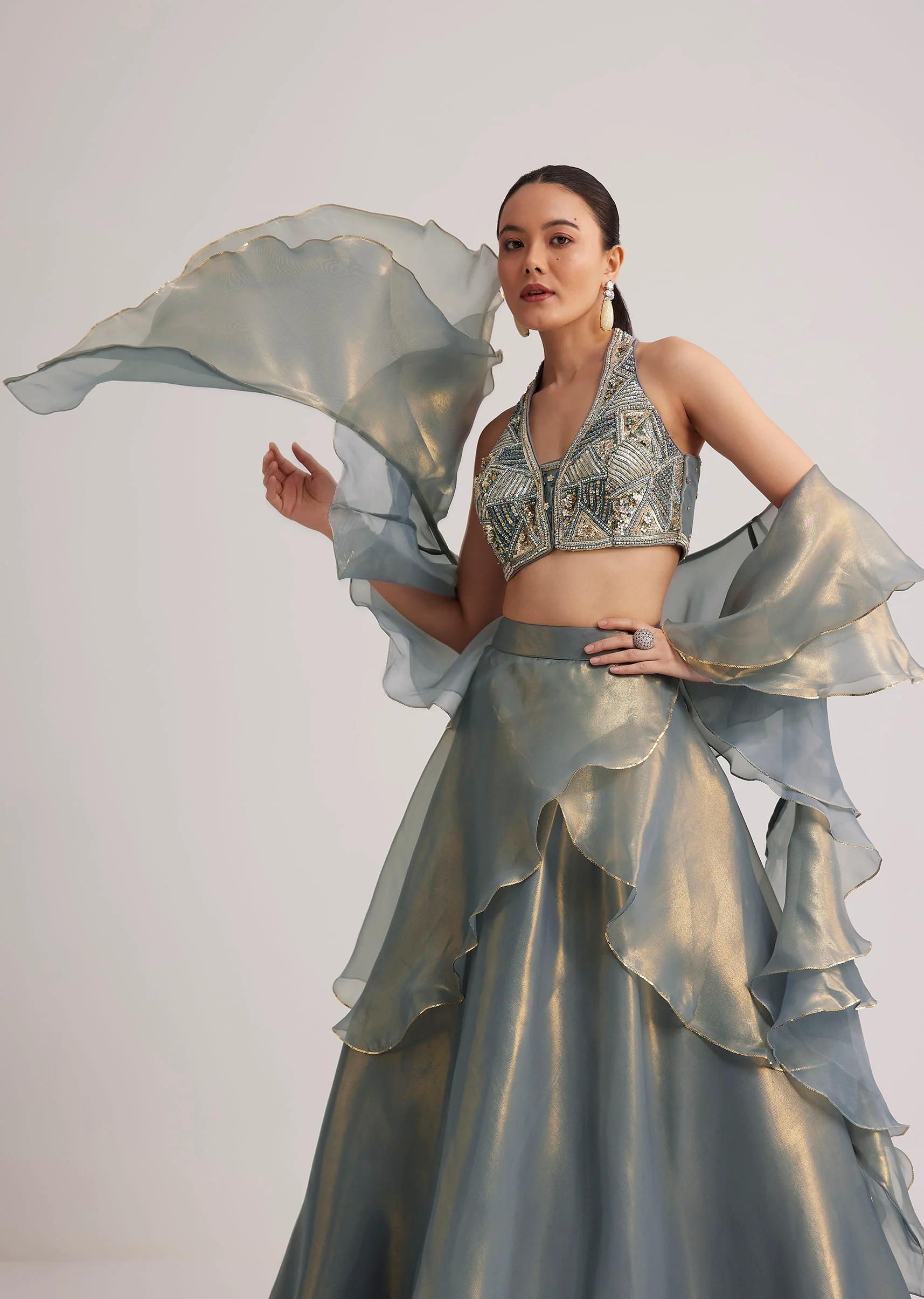 Grey Organza Embellished Lehenga Set With Dupatta - Image 2