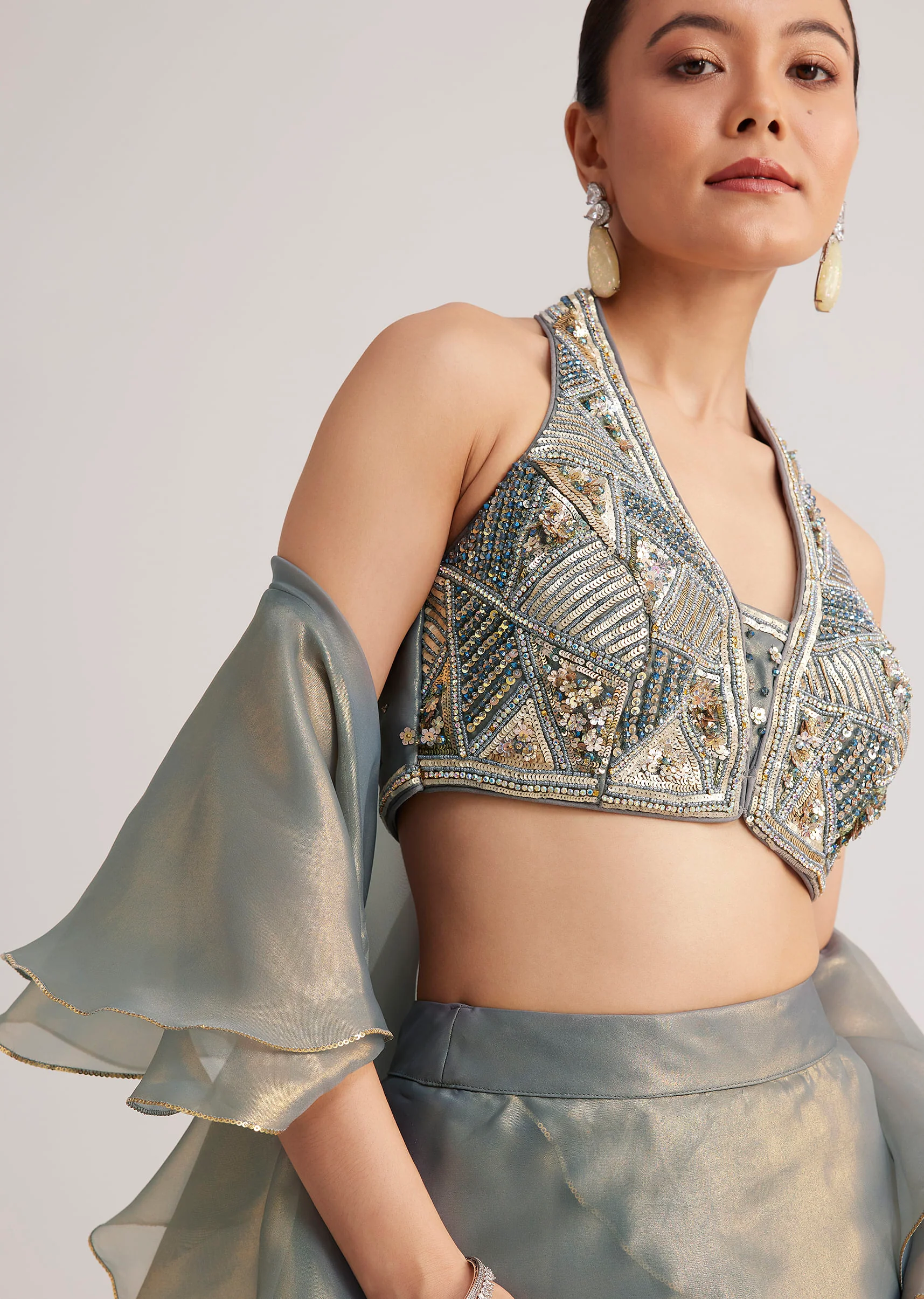 Grey Organza Embellished Lehenga Set With Dupatta - Image 4