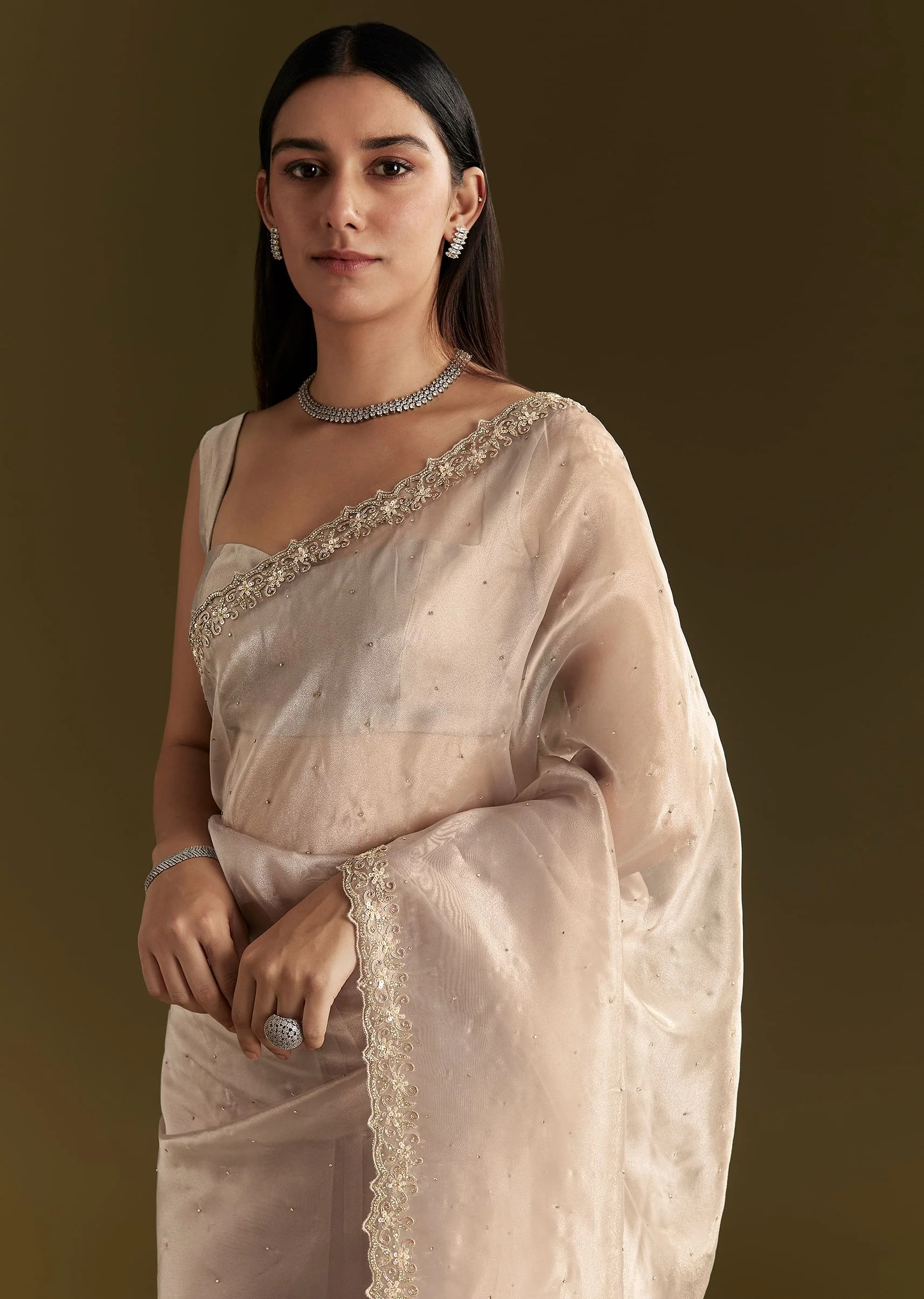Grey Organza Embroidered Saree With Scallop Border - Image 2
