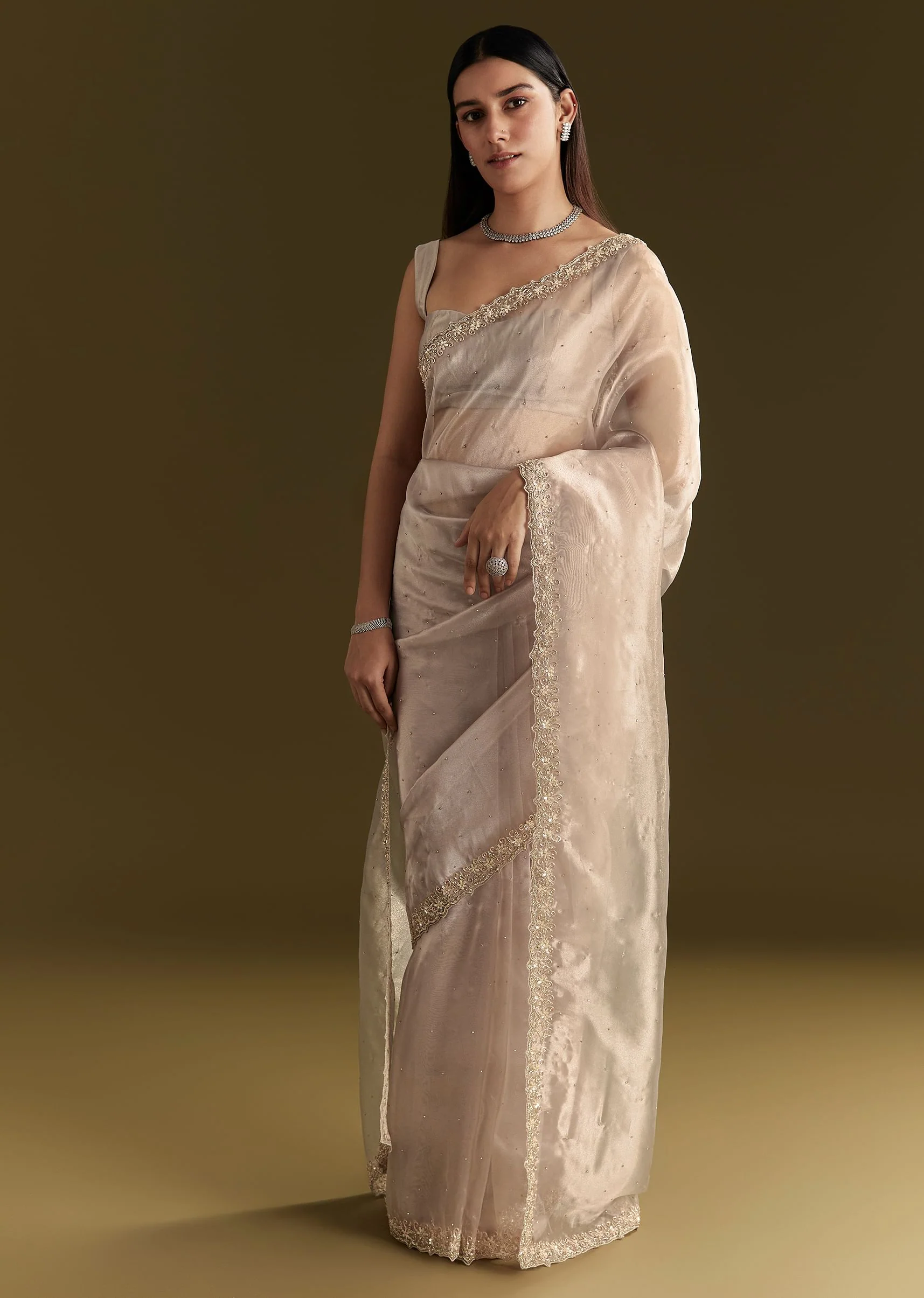 Grey Organza Embroidered Saree With Scallop Border - Image 3