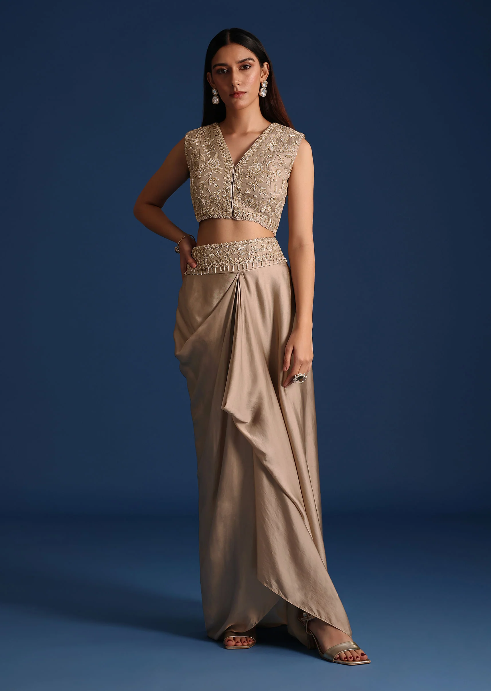 Grey Organza Jacket With Draped Skirt And Crop Top - Image 5