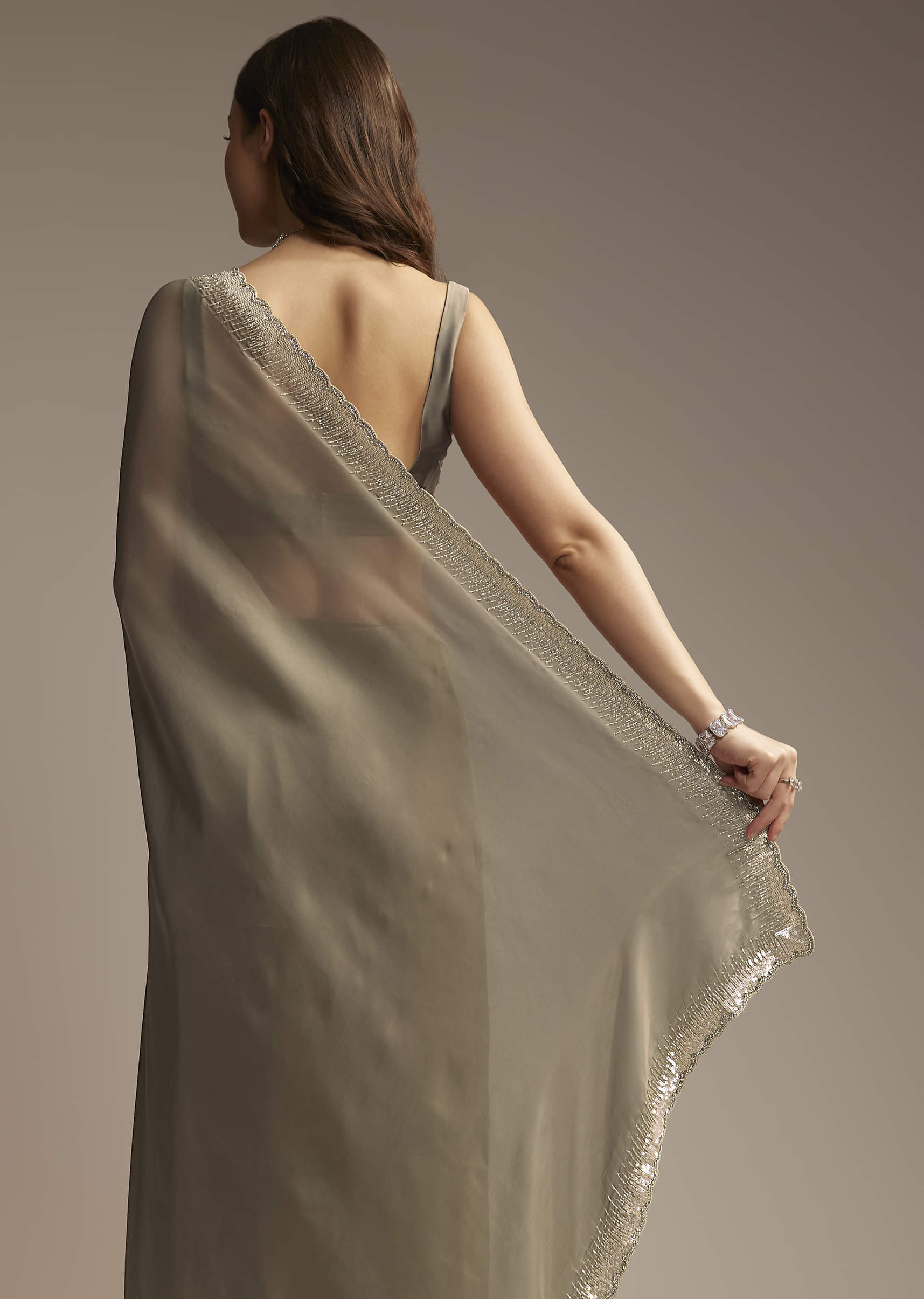 Grey Organza Saree with Cutdana Sequin Embroidery - Image 3